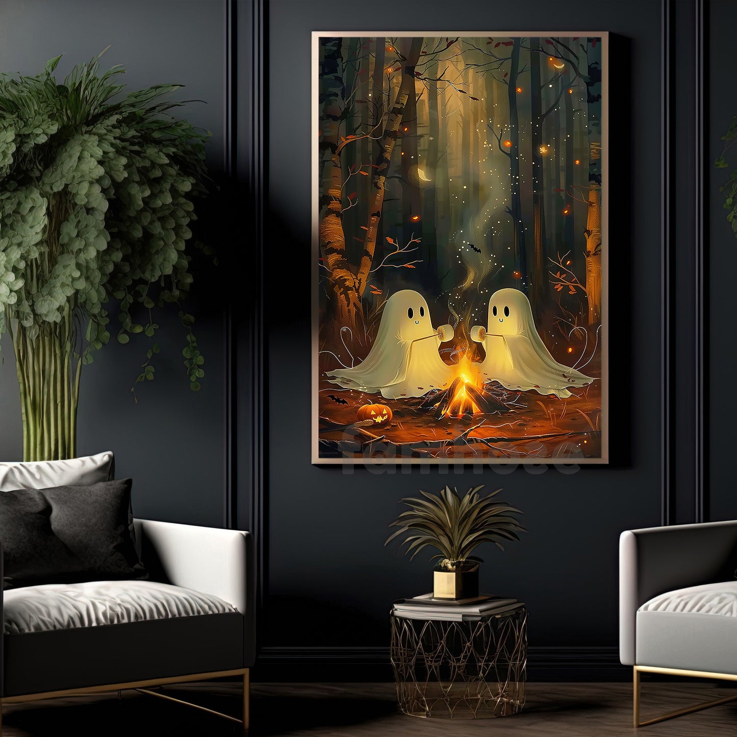 Cute Halloween Boo Canvas Painting, Ghost Couple Roasting Marshmallows Wall Art Decor, Spooky Season Poster Gift For Ghost Lovers
