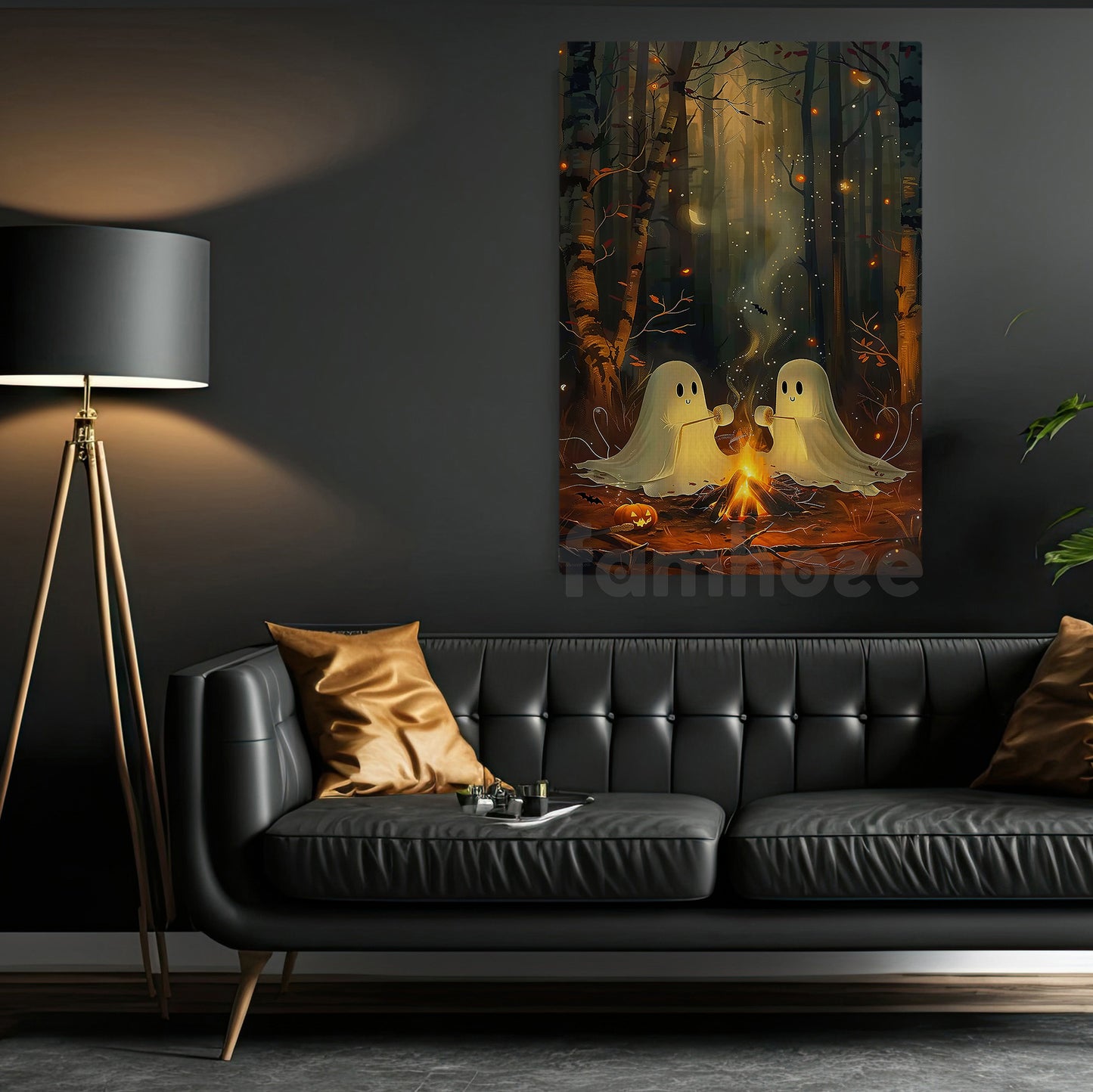 Cute Halloween Boo Canvas Painting, Ghost Couple Roasting Marshmallows Wall Art Decor, Spooky Season Poster Gift For Ghost Lovers