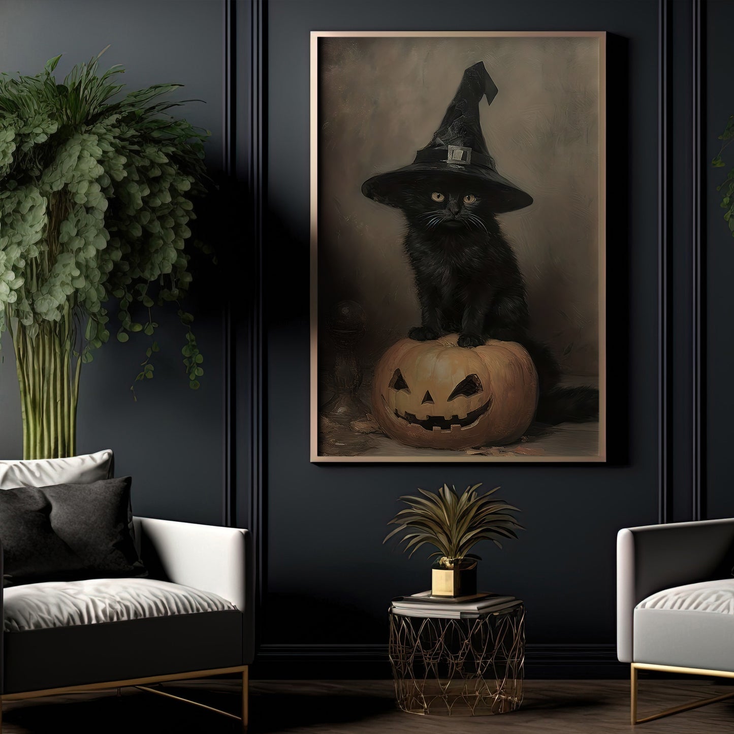 Pumpkin Perch, Cat Canvas Painting, Spooky Season Wall Art Decor, Halloween Poster Gift For Cat Lovers