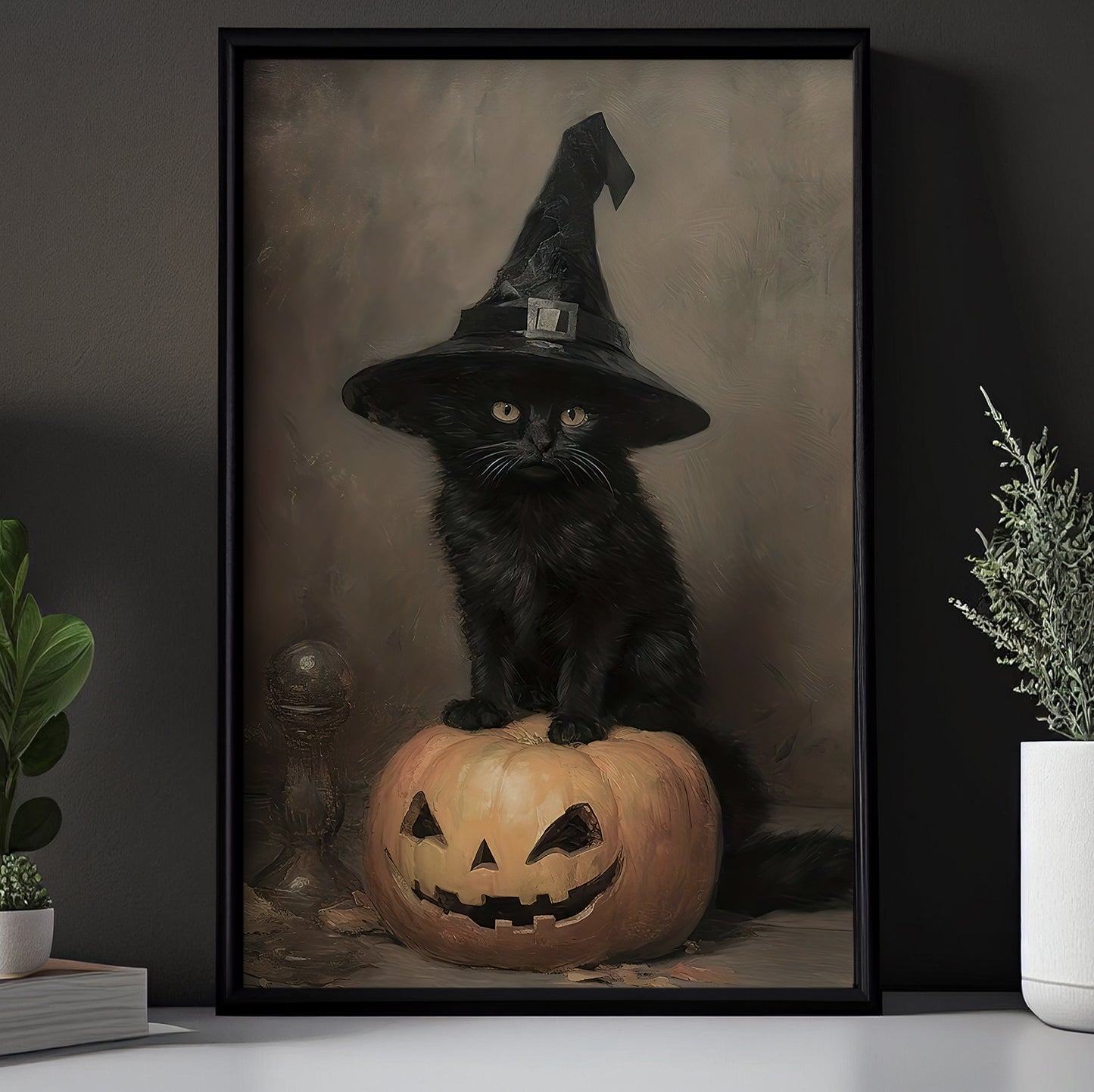 Pumpkin Perch, Cat Canvas Painting, Spooky Season Wall Art Decor, Halloween Poster Gift For Cat Lovers