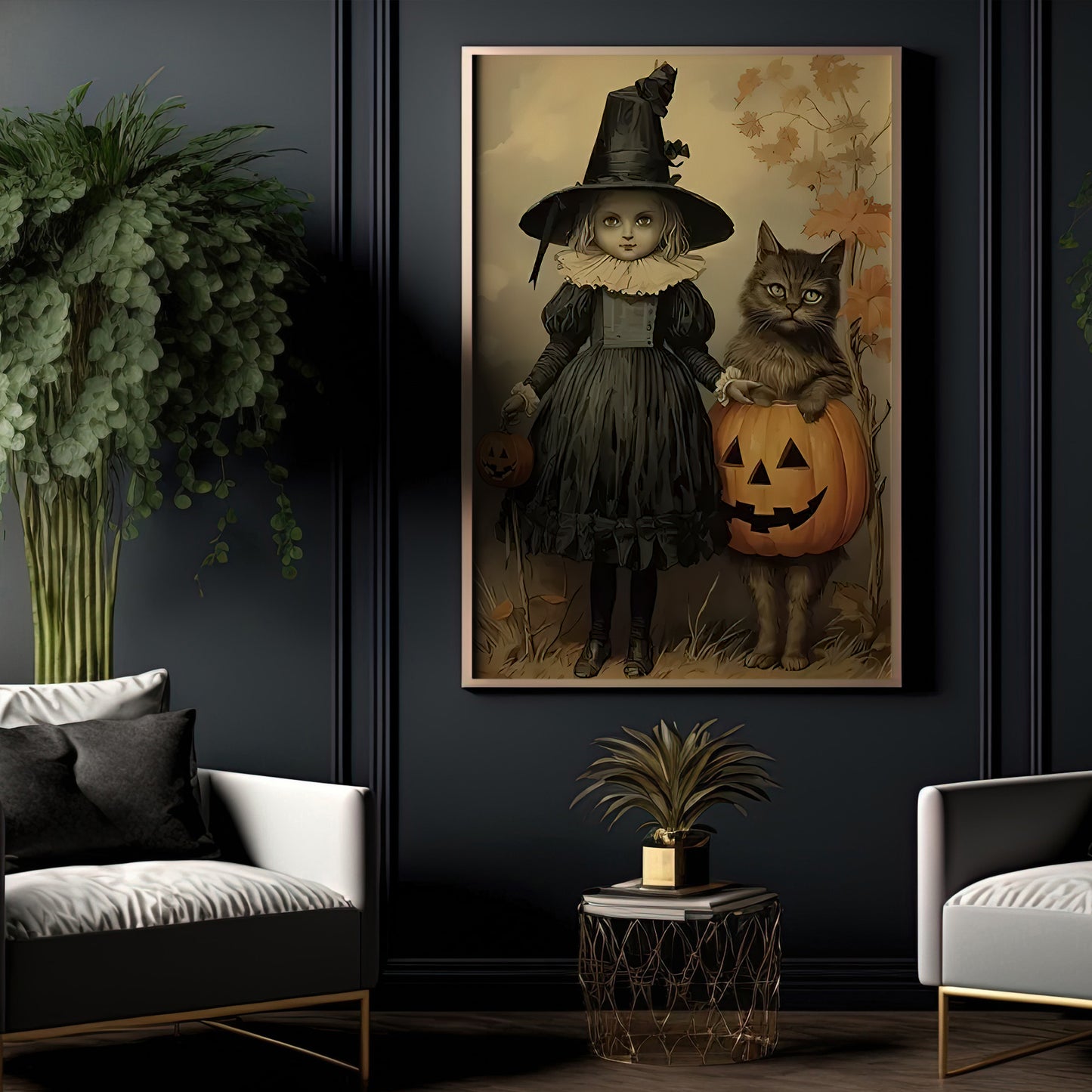 The Witch And Her Feline Friend, Witches Canvas Painting, Spooky Season Wall Art Decor, Halloween Poster Gift For Witch Cat Lovers