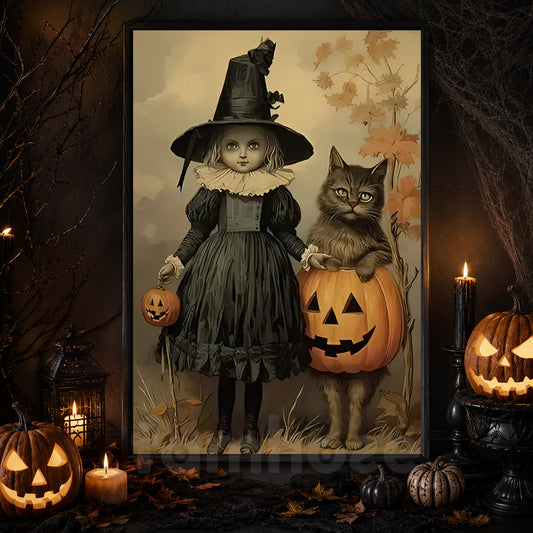 The Witch And Her Feline Friend, Witches Canvas Painting, Spooky Season Wall Art Decor, Halloween Poster Gift For Witch Cat Lovers