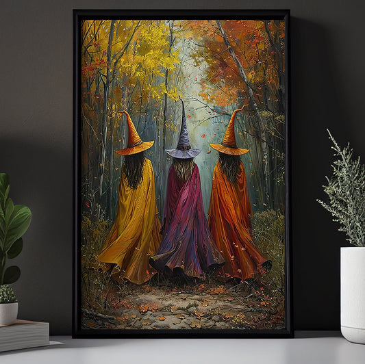 Witches' Autumn Stroll, Witches Canvas Painting, Spooky Season Wall Art Decor, Halloween Poster Gift For Witch Lovers