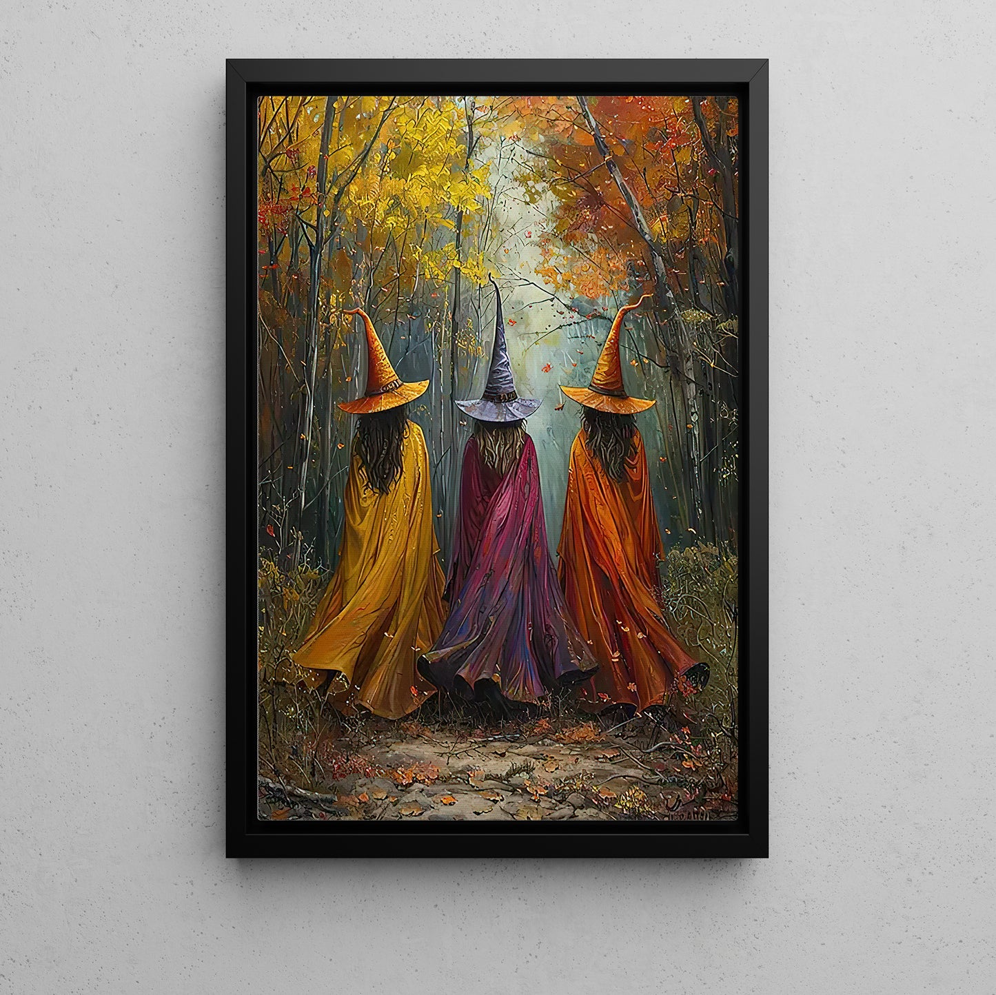 Witches' Autumn Stroll, Witches Canvas Painting, Spooky Season Wall Art Decor, Halloween Poster Gift For Witch Lovers