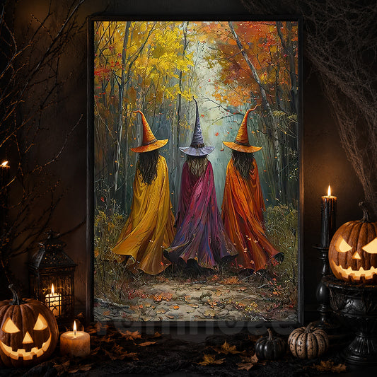 Witches' Autumn Stroll, Witches Canvas Painting, Spooky Season Wall Art Decor, Halloween Poster Gift For Witch Lovers