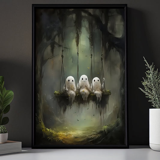 Swinging Spirits, Ghost Canvas Painting, Spooky Season Wall Art Decor, Halloween Poster Gift For Ghost Lovers