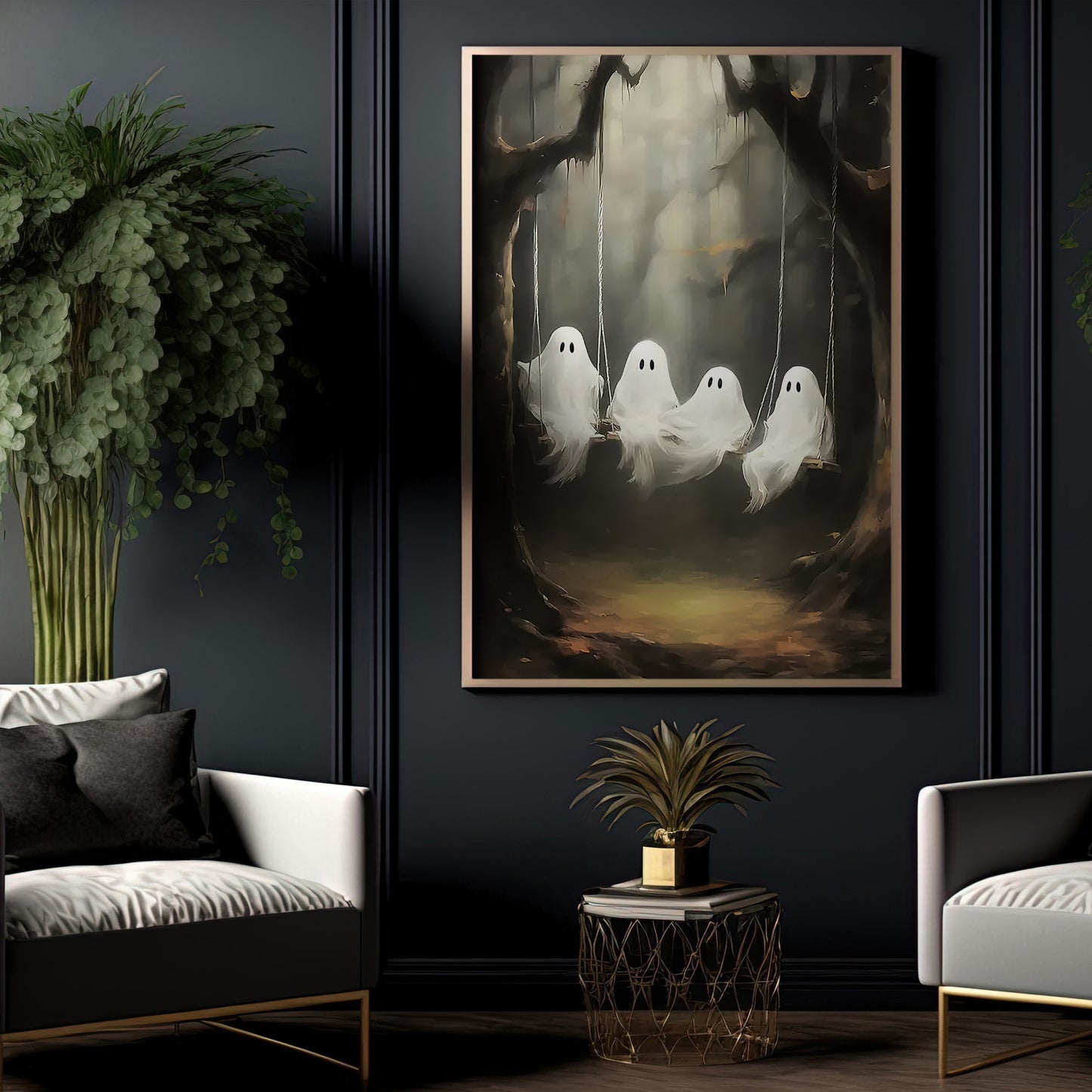 Ghostly Swing Set, Ghost Canvas Painting, Spooky Season Wall Art Decor, Halloween Poster Gift For Ghost Lovers