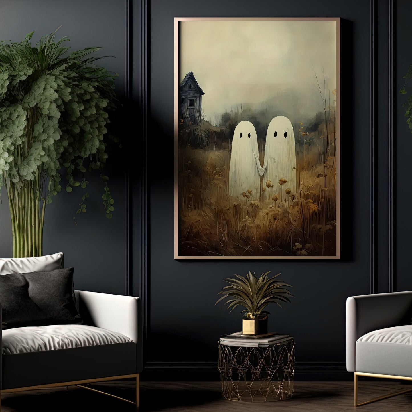 Haunted Companions, Ghost Canvas Painting, Spooky Season Wall Art Decor, Halloween Poster Gift For Ghost Lovers