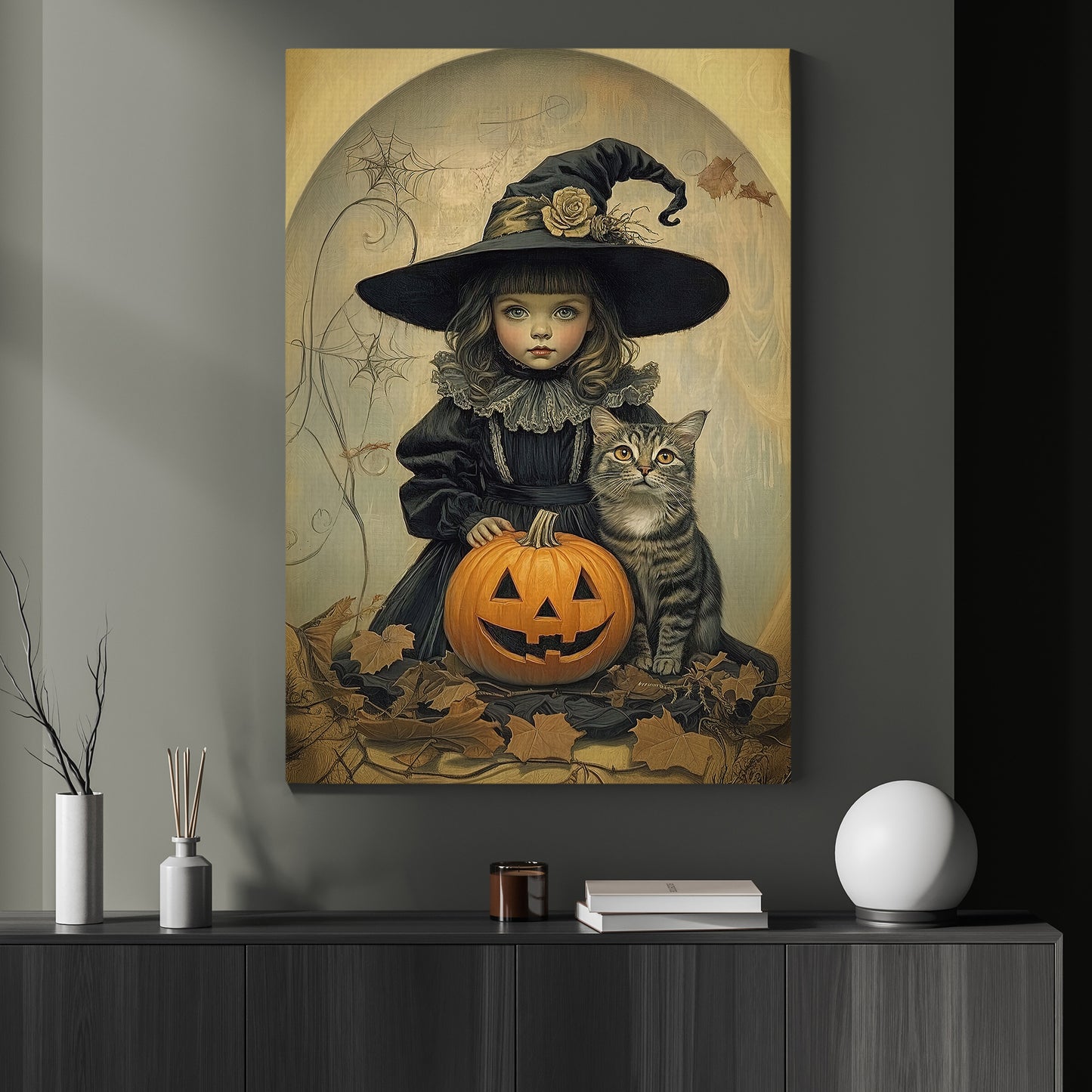 Pumpkin Magic, Witches Canvas Painting, Spooky Season Wall Art Decor, Halloween Poster Gift For Witch Cat Lovers