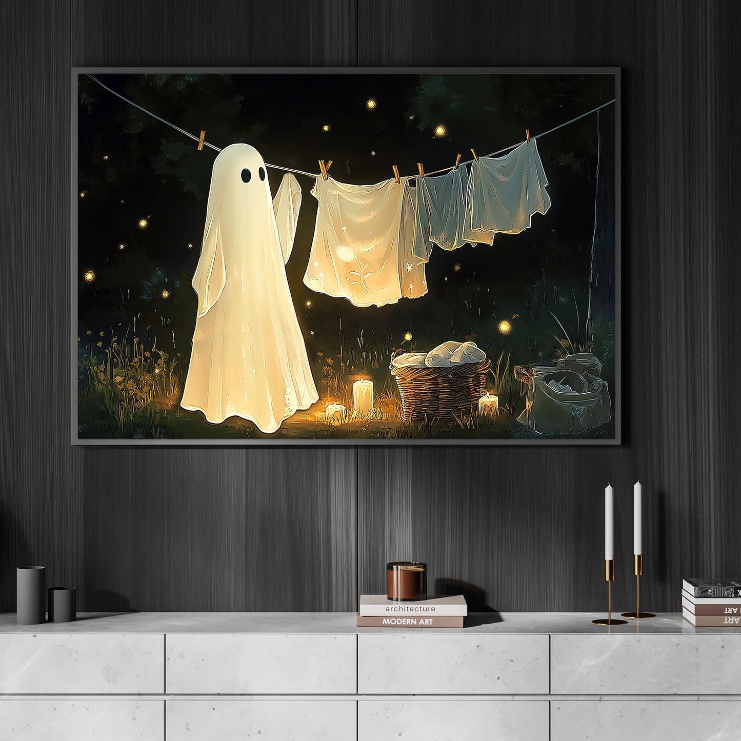 Midnight Laundry, Ghost Canvas Painting, Spooky Season Wall Art Decor, Halloween Poster Gift For Ghost Lovers