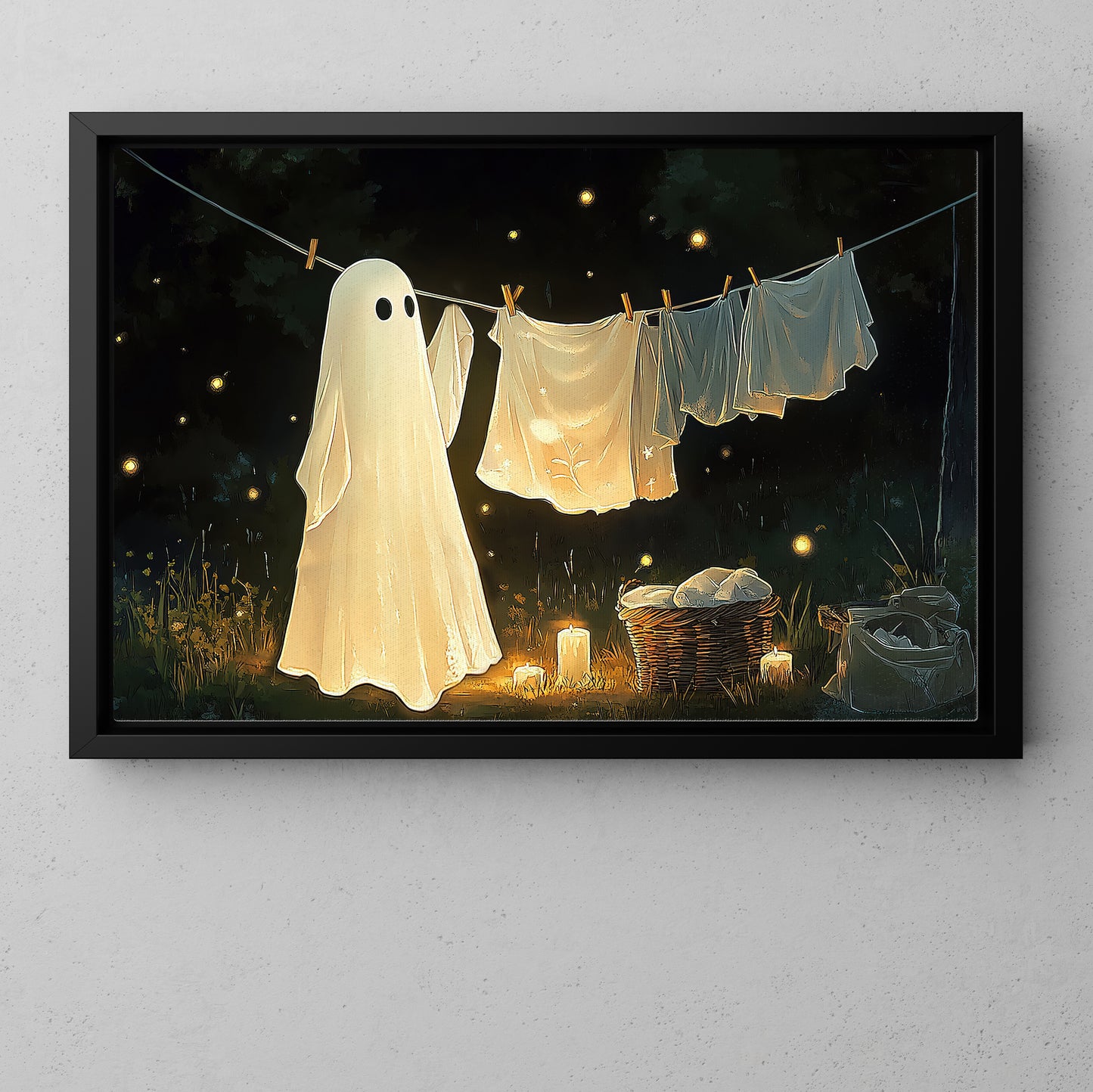 Midnight Laundry, Ghost Canvas Painting, Spooky Season Wall Art Decor, Halloween Poster Gift For Ghost Lovers