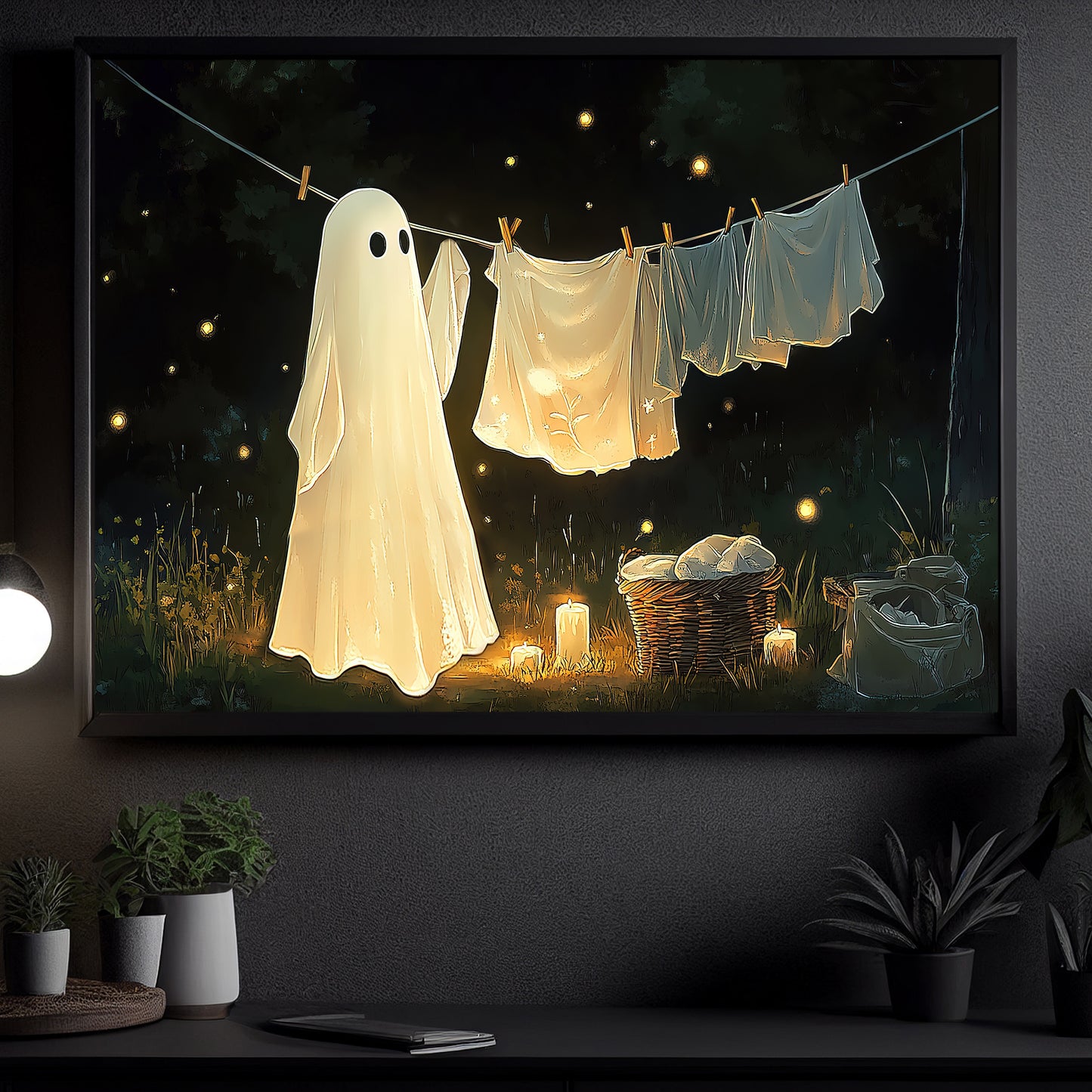 Midnight Laundry, Ghost Canvas Painting, Spooky Season Wall Art Decor, Halloween Poster Gift For Ghost Lovers