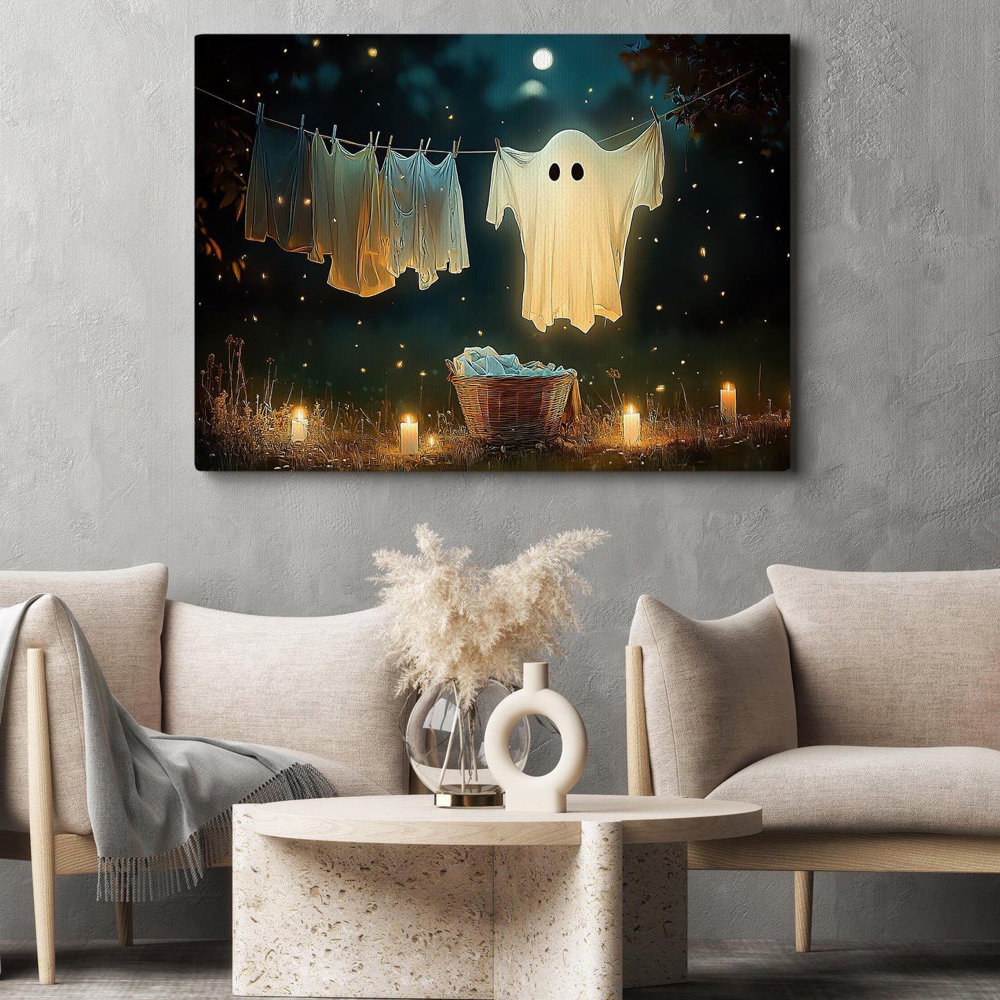 Spectral Laundry, Ghost Canvas Painting, Spooky Season Wall Art Decor, Halloween Poster Gift For Ghost Lovers