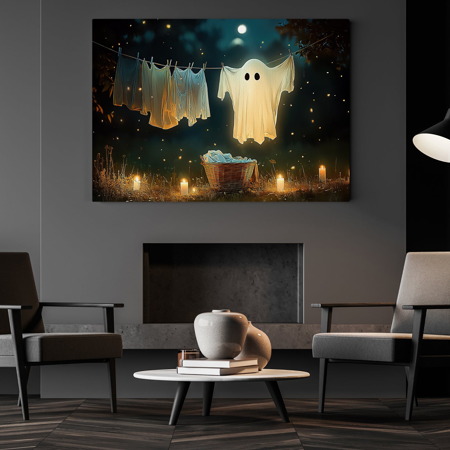 Spectral Laundry, Ghost Canvas Painting, Spooky Season Wall Art Decor, Halloween Poster Gift For Ghost Lovers