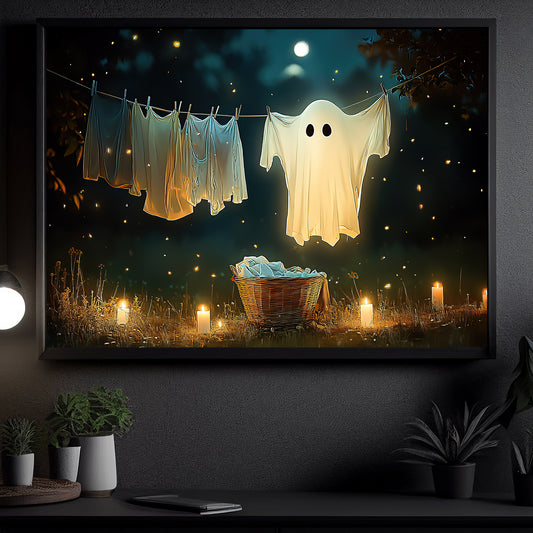 Spectral Laundry, Ghost Canvas Painting, Spooky Season Wall Art Decor, Halloween Poster Gift For Ghost Lovers