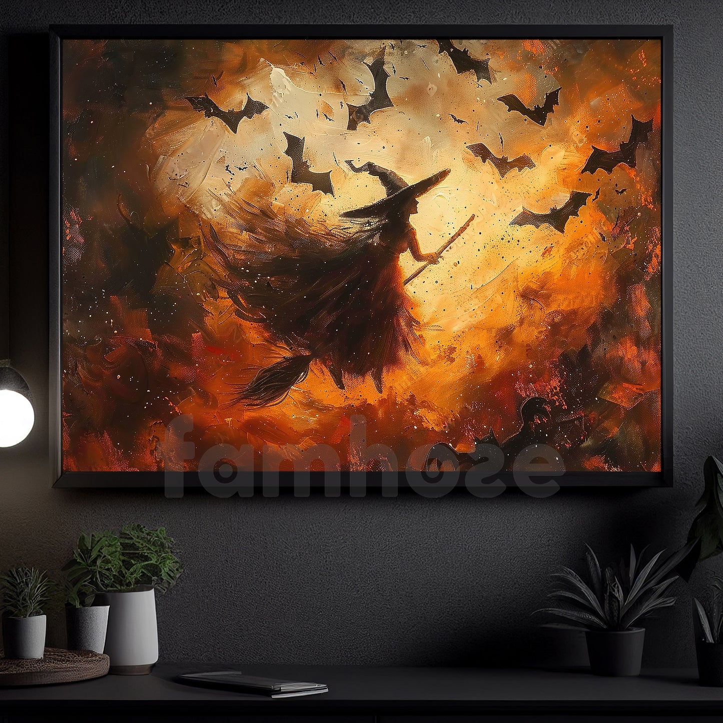 Halloween Witch Flying Canvas Painting, Riding The Wind Of Halloween Night Wall Art Decor, Spooky Season Poster Gift For Witch Lover