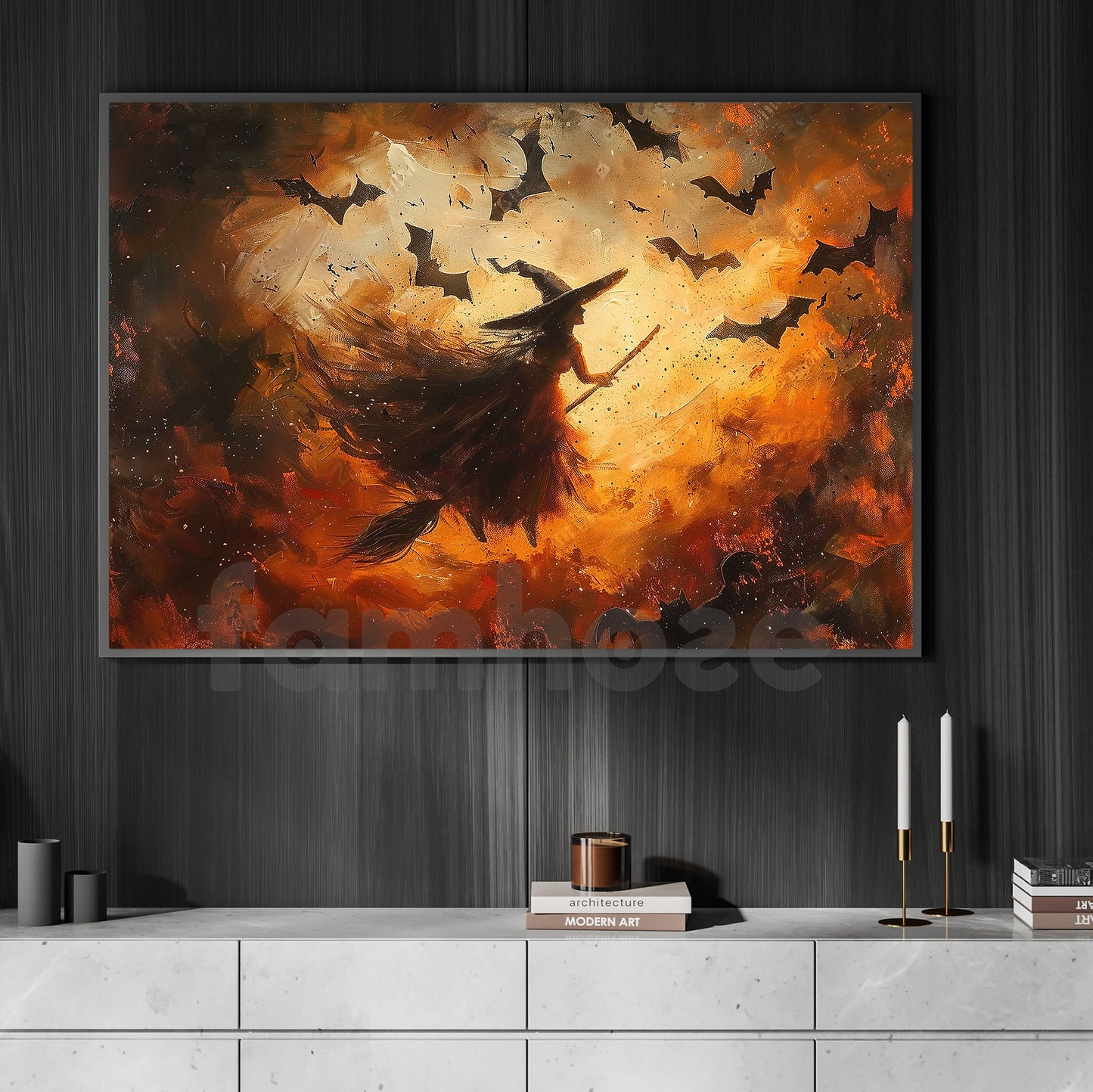 Halloween Witch Flying Canvas Painting, Riding The Wind Of Halloween Night Wall Art Decor, Spooky Season Poster Gift For Witch Lover