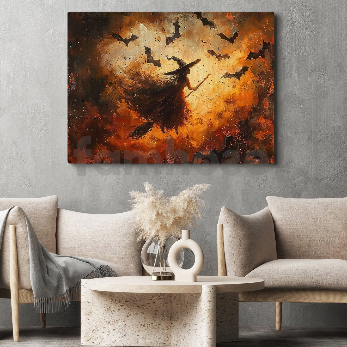 Halloween Witch Flying Canvas Painting, Riding The Wind Of Halloween Night Wall Art Decor, Spooky Season Poster Gift For Witch Lover