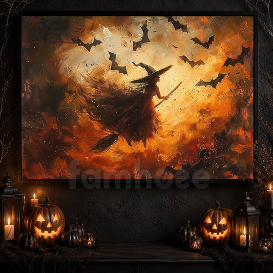 Halloween Witch Flying Canvas Painting, Riding The Wind Of Halloween Night Wall Art Decor, Spooky Season Poster Gift For Witch Lover
