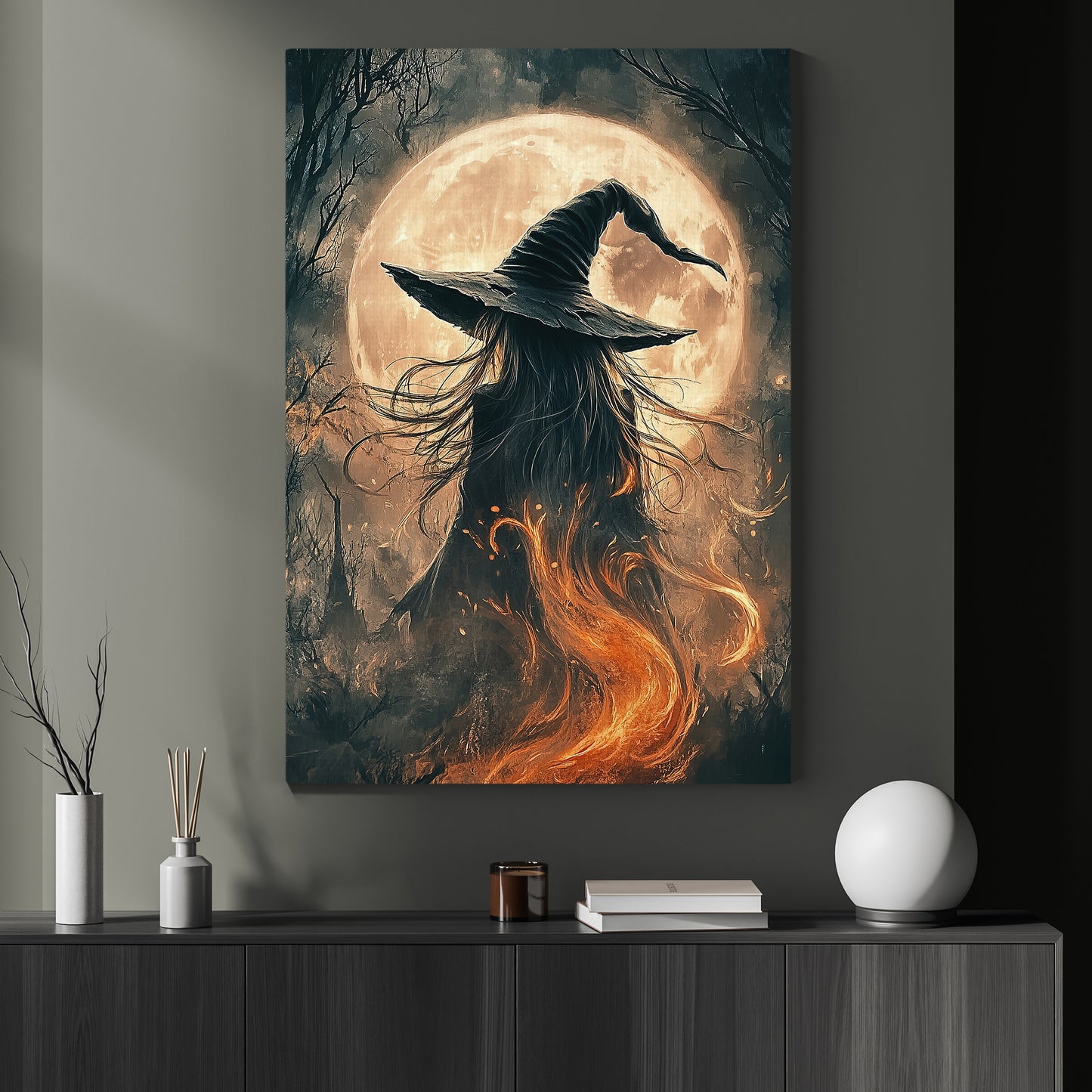 Witch Under The Full Moon, Witch Canvas Painting, Spooky Season Wall Art Decor, Halloween Poster Gift For Witch Lovers