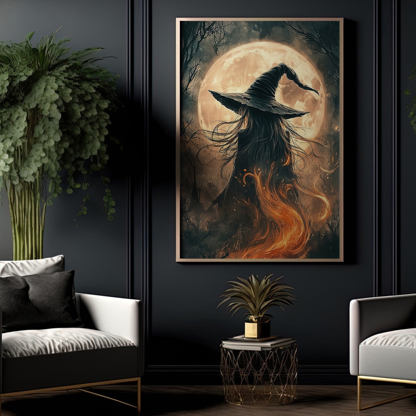 Witch Under The Full Moon, Witch Canvas Painting, Spooky Season Wall Art Decor, Halloween Poster Gift For Witch Lovers