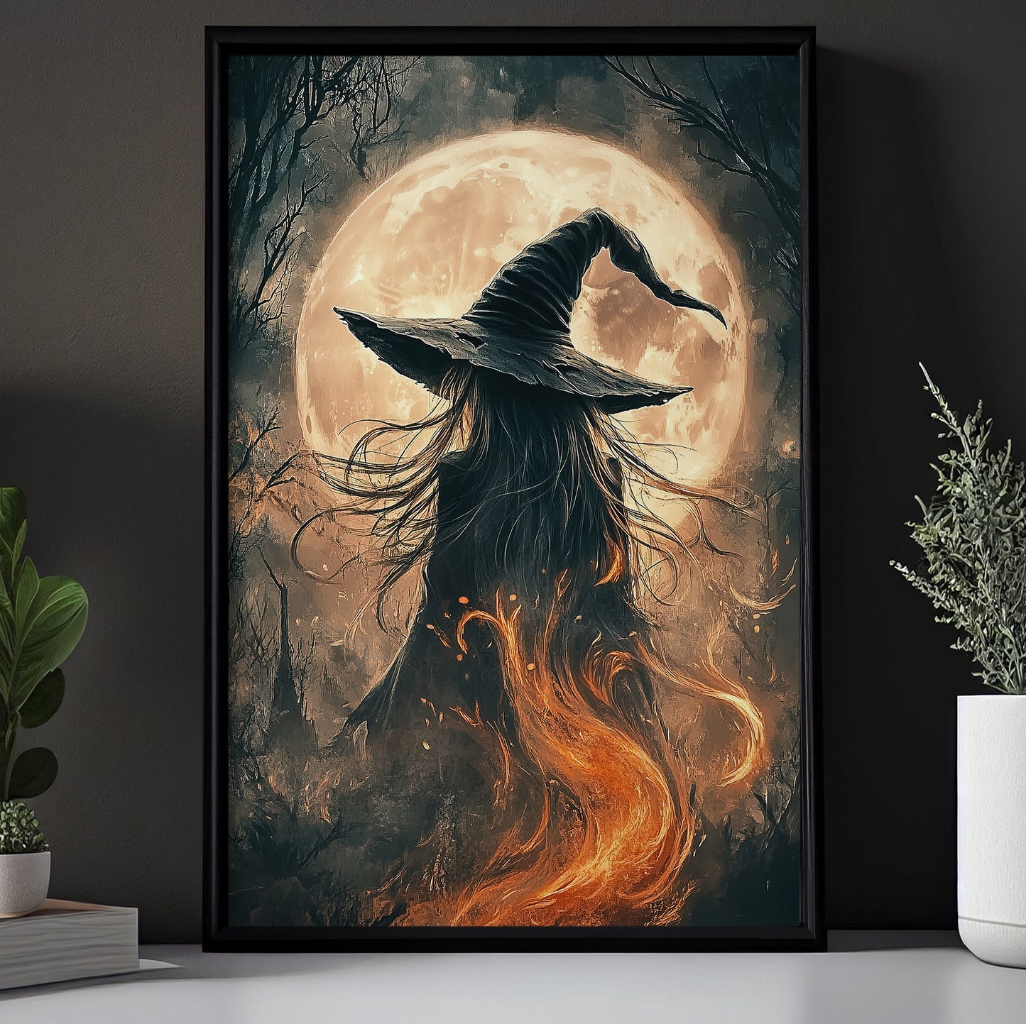 Witch Under The Full Moon, Witch Canvas Painting, Spooky Season Wall Art Decor, Halloween Poster Gift For Witch Lovers