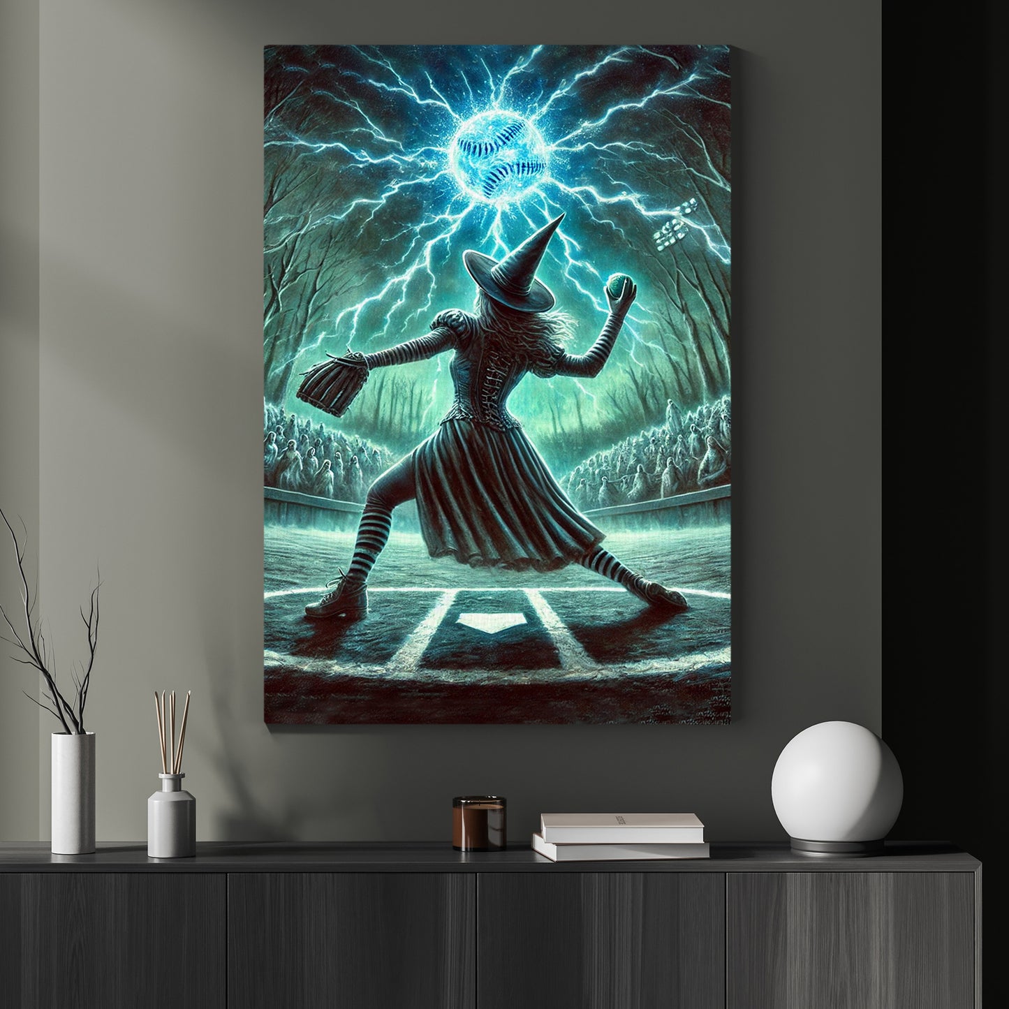 Witch's Midnight Softball, Softball Canvas Painting, Spooky Season Wall Art Decor, Halloween Poster Gift For Softball Lovers