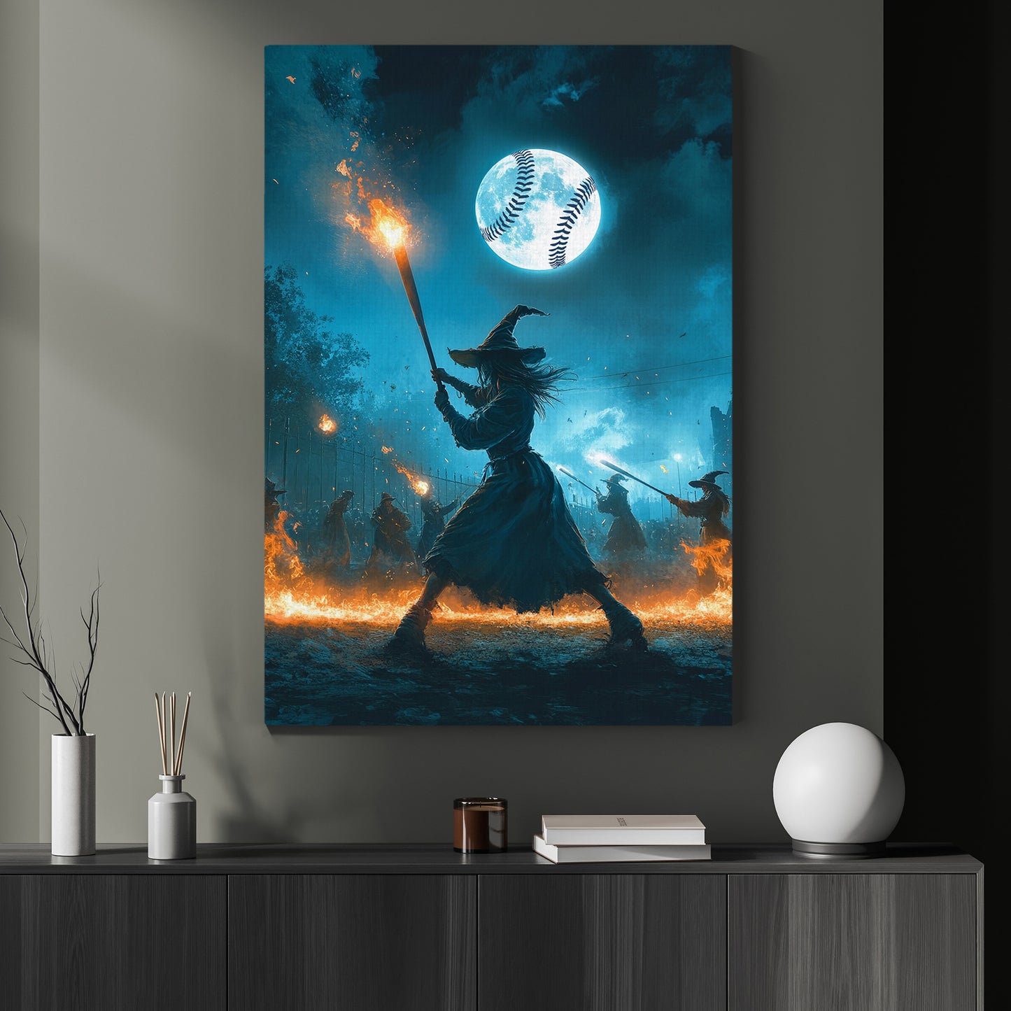 Witches' Baseball Coven, Baseball Canvas Painting, Spooky Season Wall Art Decor, Halloween Poster Gift For Baseball Lovers