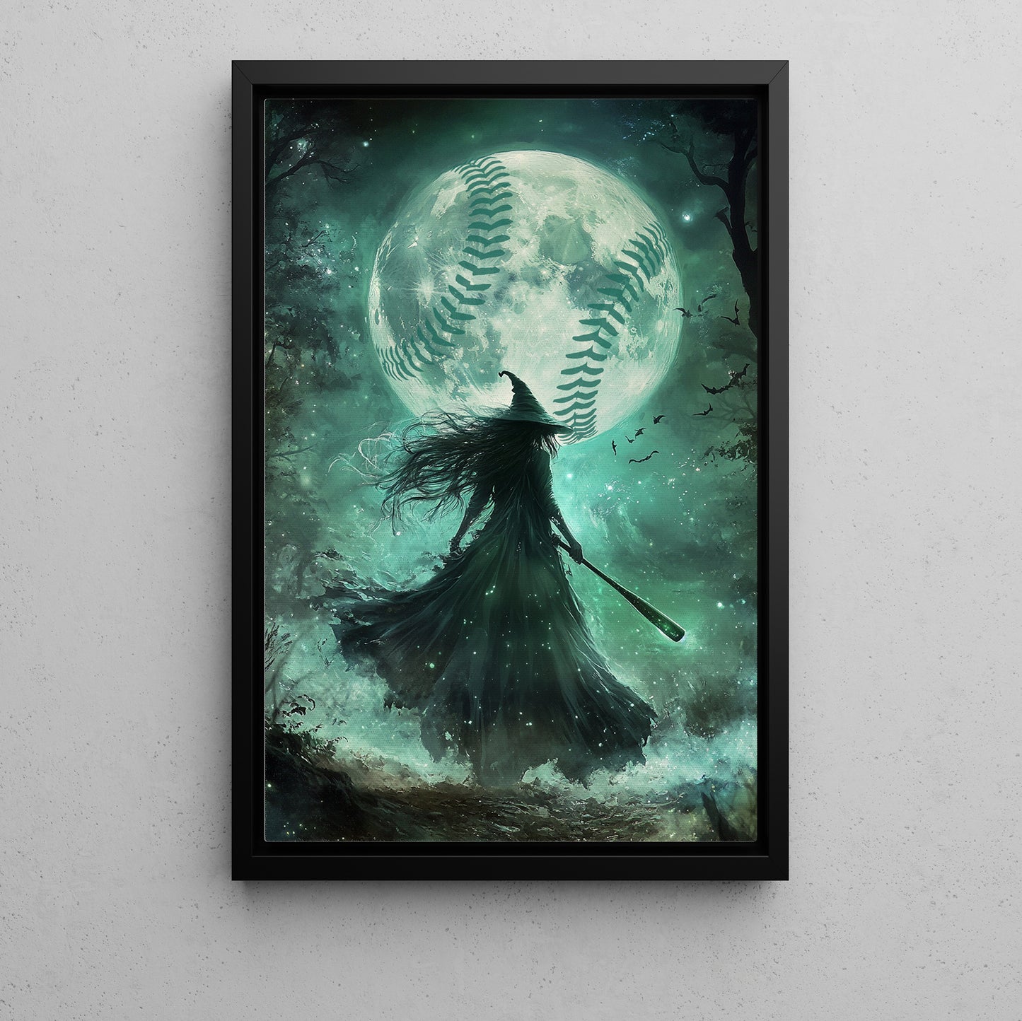 Under The Full Moon, Baseball Witch Canvas Painting, Spooky Season Wall Art Decor, Halloween Poster Gift For Baseball Lovers