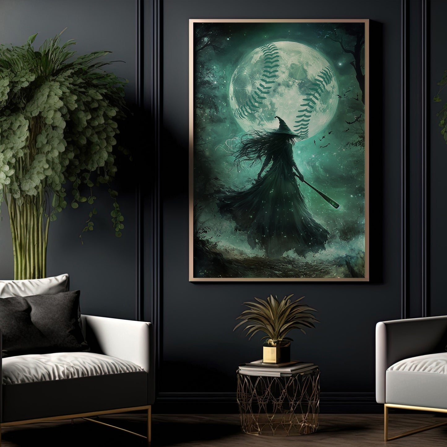 Under The Full Moon, Baseball Witch Canvas Painting, Spooky Season Wall Art Decor, Halloween Poster Gift For Baseball Lovers