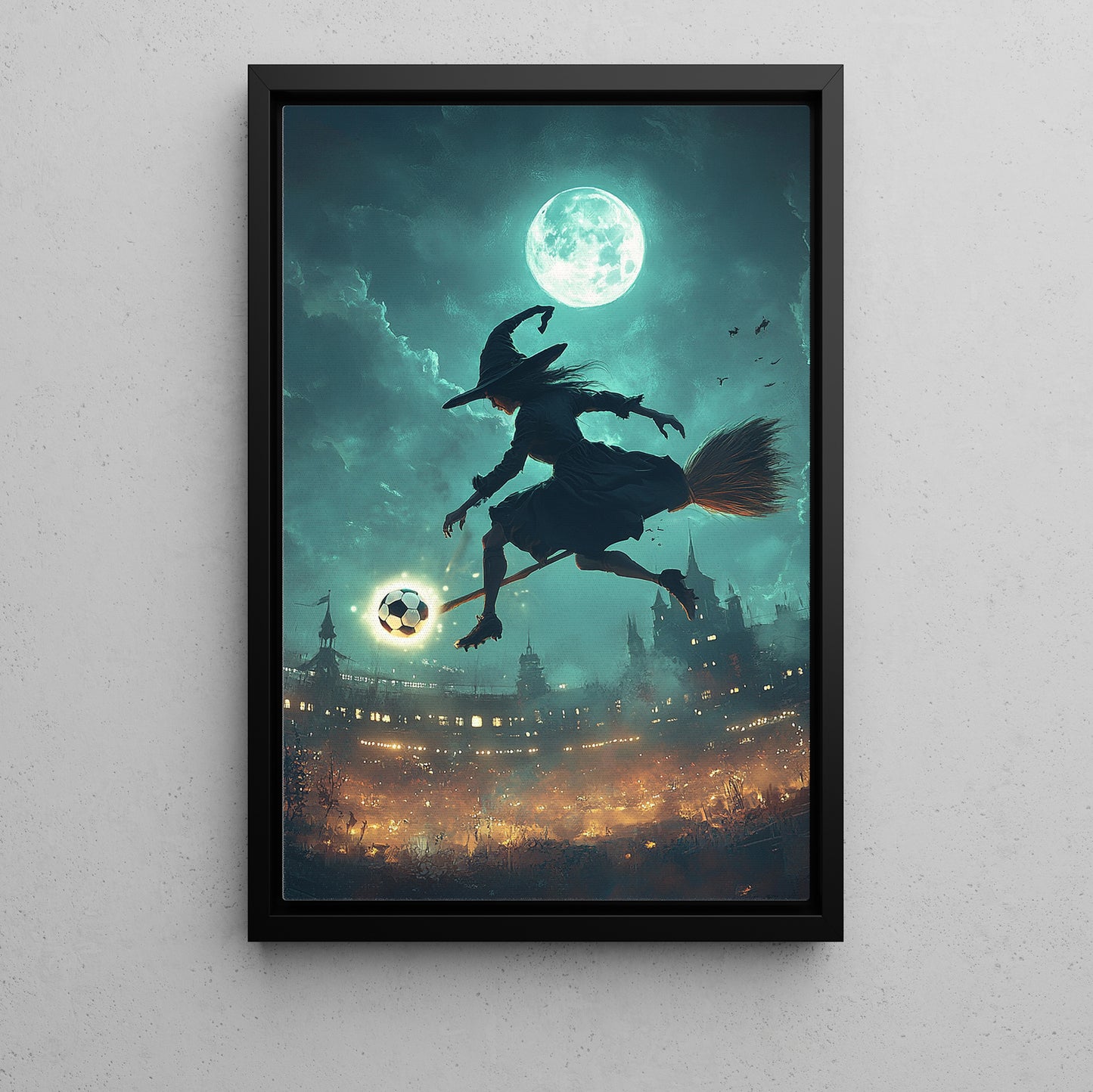 Witch’s Flying, Soccer Witch Canvas Painting, Spooky Season Wall Art Decor, Halloween Poster Gift For Soccer Lovers