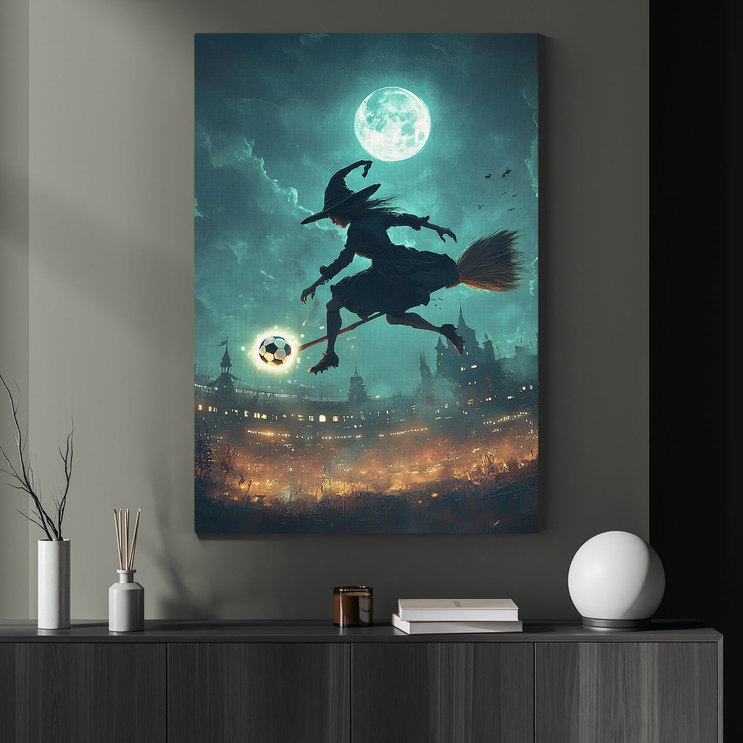 Witch’s Flying, Soccer Witch Canvas Painting, Spooky Season Wall Art Decor, Halloween Poster Gift For Soccer Lovers