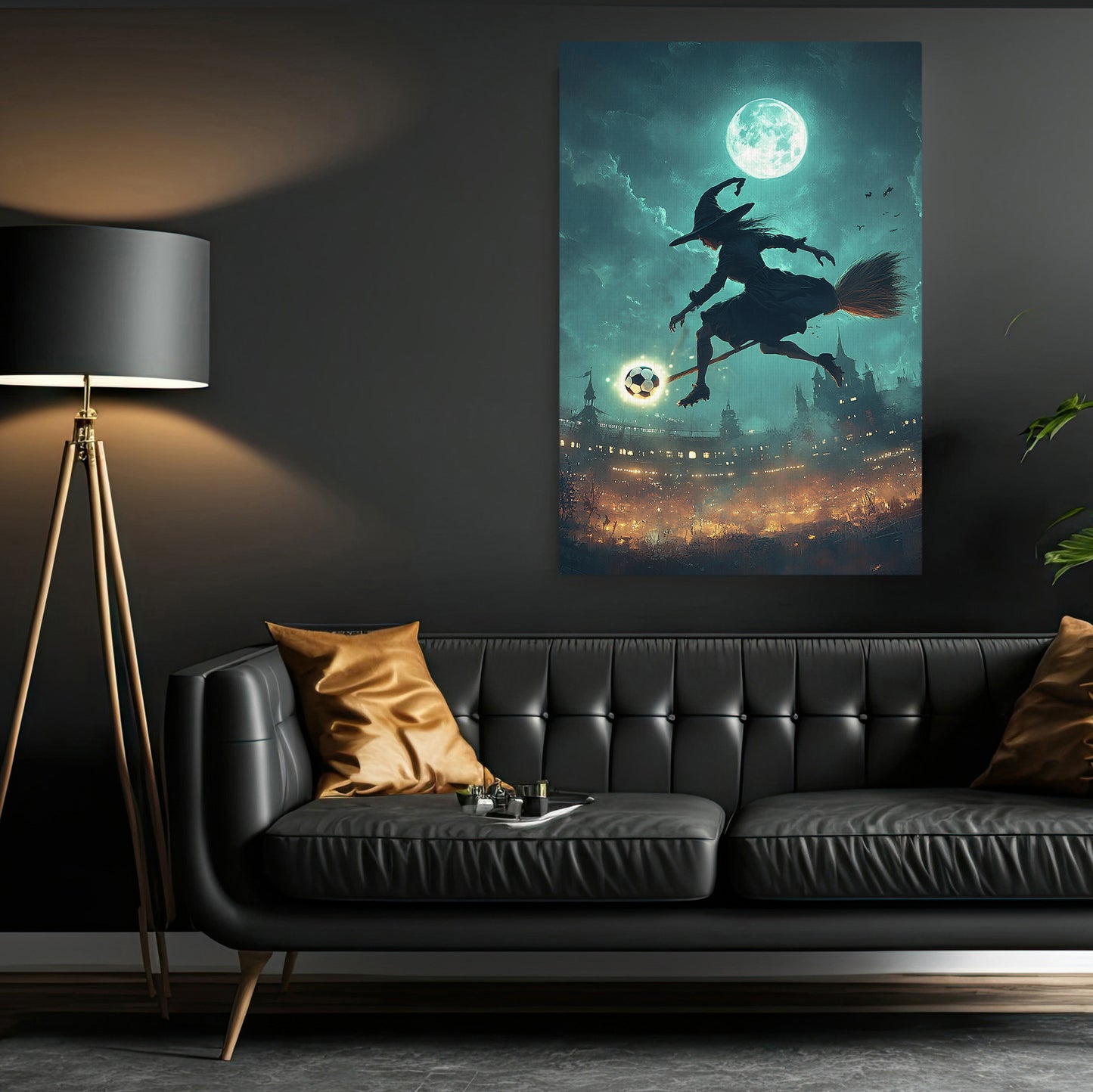 Witch’s Flying, Soccer Witch Canvas Painting, Spooky Season Wall Art Decor, Halloween Poster Gift For Soccer Lovers