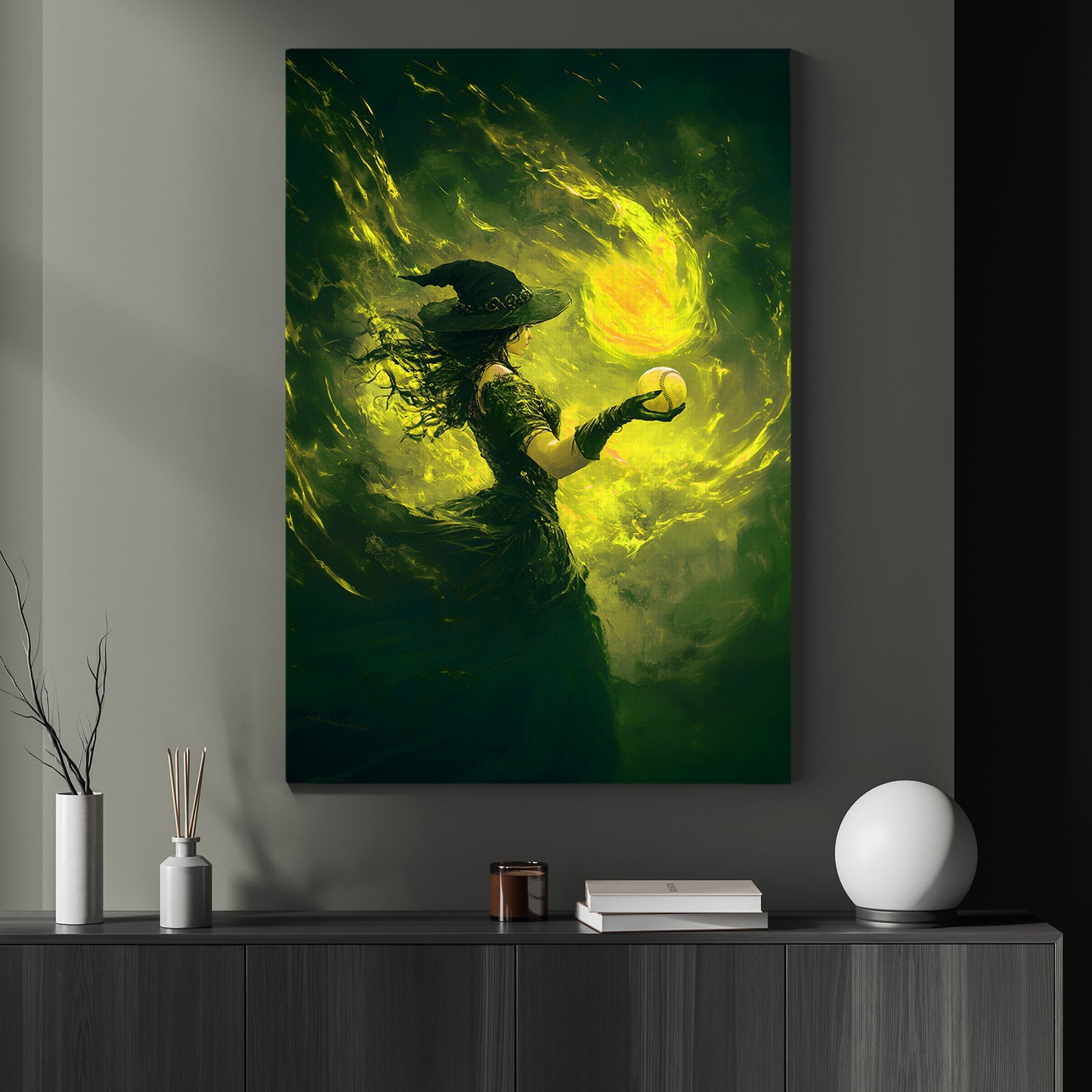 The Spellbound Softball, Softball Canvas Painting, Spooky Season Wall Art Decor, Halloween Poster Gift For Softball Lovers