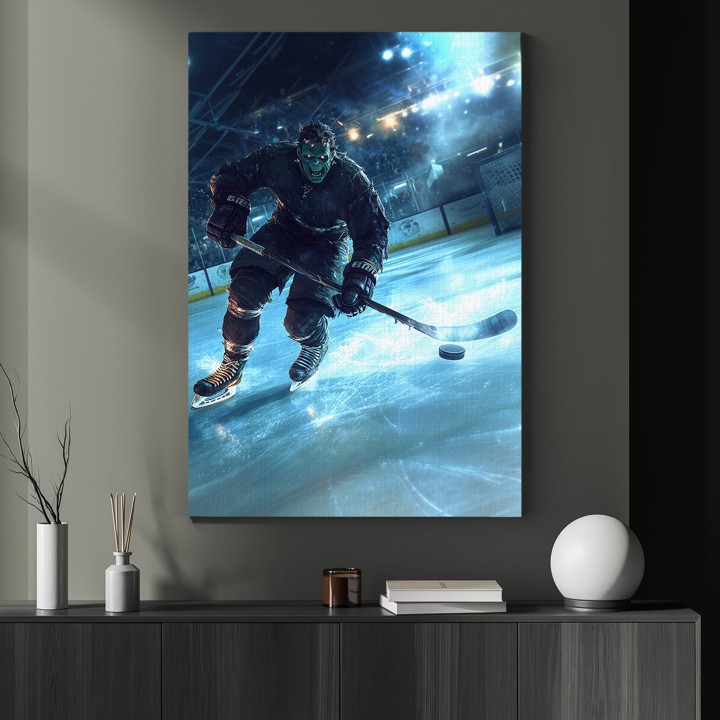 Zombie Plays Hockey, Hockey Canvas Painting, Halloween Sports Spectacular Wall Art, Halloween Poster Gift For Hockey Lovers