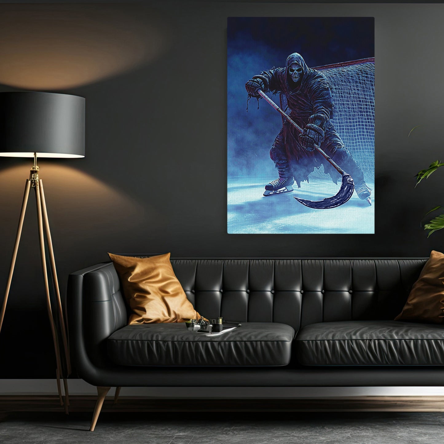 Reaper’s Icy Block, Hockey Canvas Painting, Spooky Season Sport Wall Art Decor, Halloween Poster Gift For Hockey Lovers