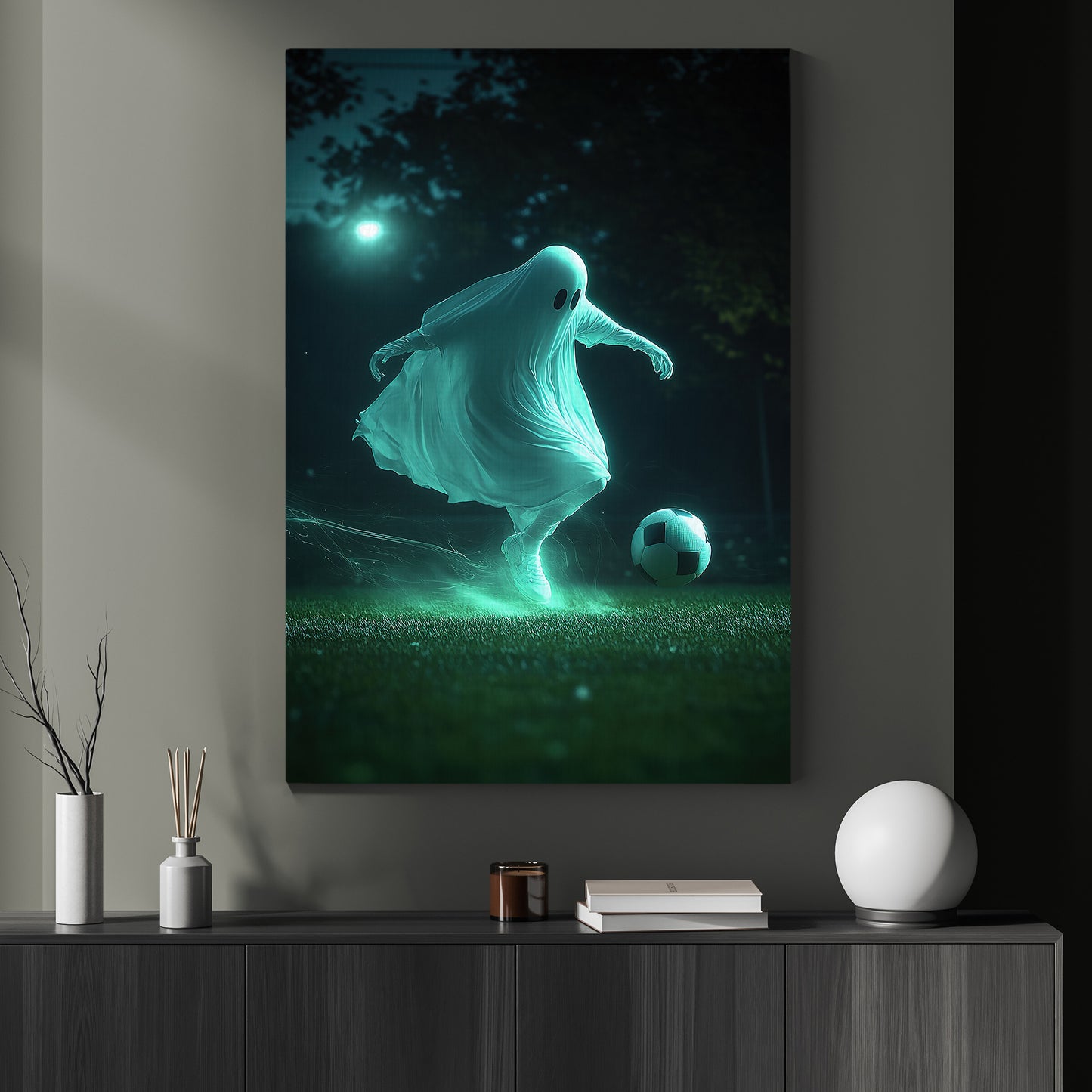 Ghost’s Haunting Dribble, Soccer Canvas Painting, Spooky Season Wall Art Decor, Halloween Poster Gift For Soccer Lovers