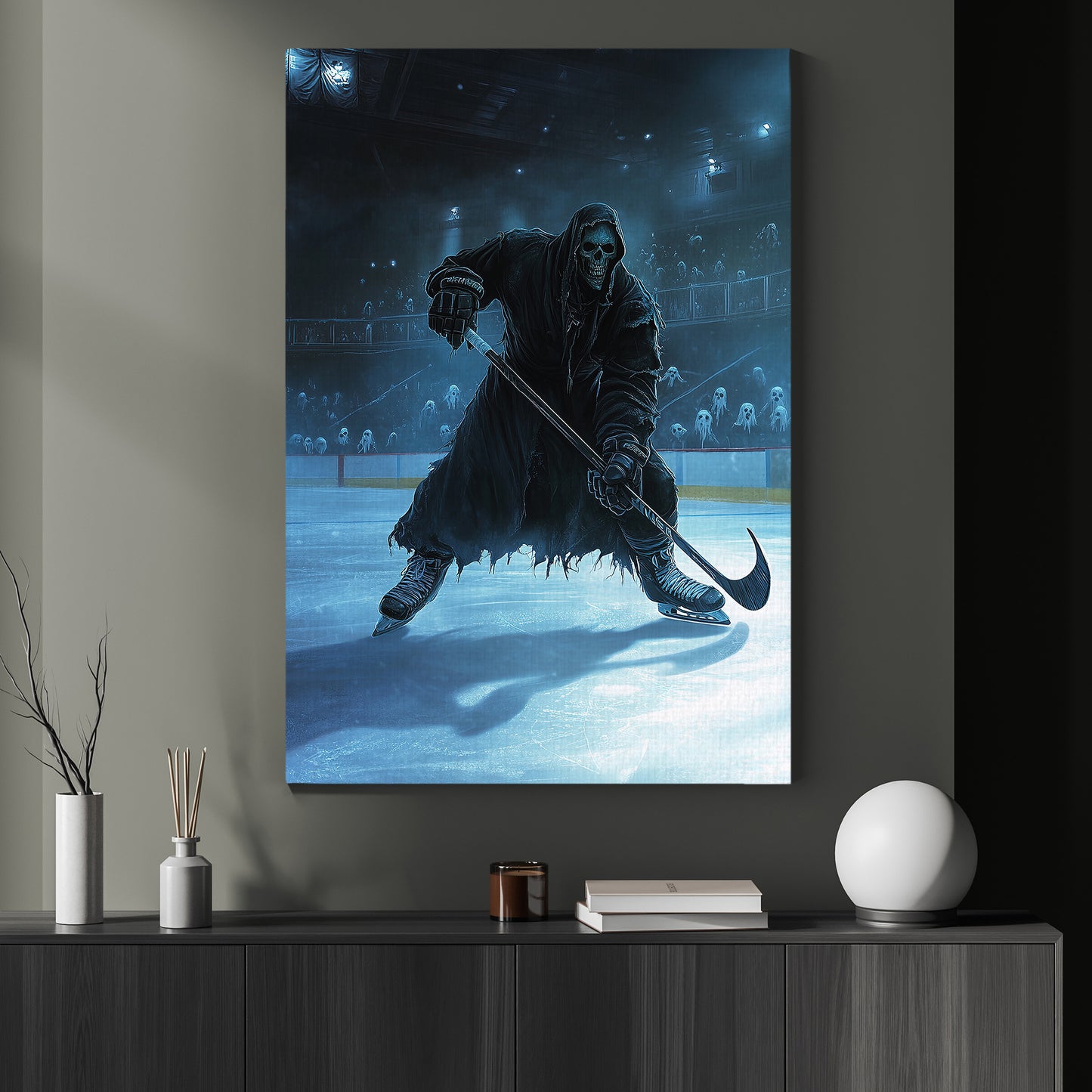 Ethereal Face-Off, Hockey Canvas Painting, Spooky Season Wall Art Decor, Halloween Poster Gift For Hockey Lovers