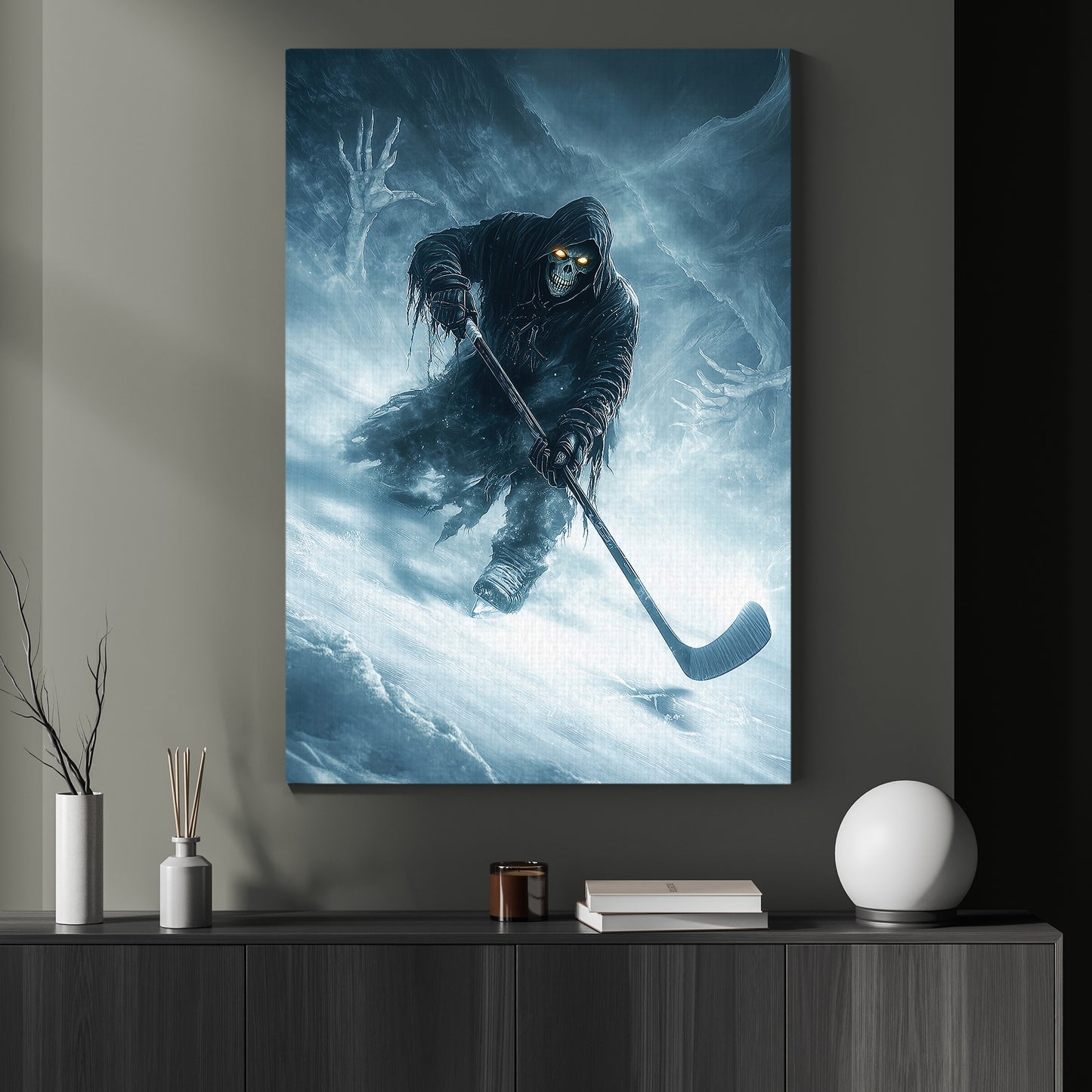 Reaper’s Icy Save, Hockey Canvas Painting, Spooky Season Wall Art Decor, Halloween Poster Gift For Hockey Lovers