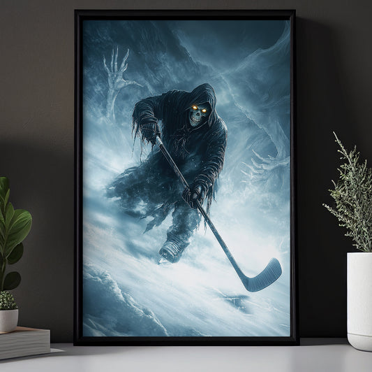 Reaper’s Icy Save, Hockey Canvas Painting, Spooky Season Wall Art Decor, Halloween Poster Gift For Hockey Lovers