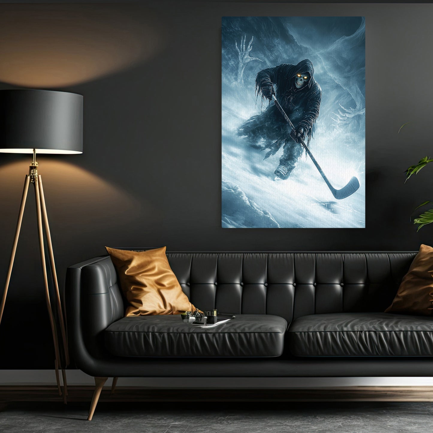 Reaper’s Icy Save, Hockey Canvas Painting, Spooky Season Wall Art Decor, Halloween Poster Gift For Hockey Lovers