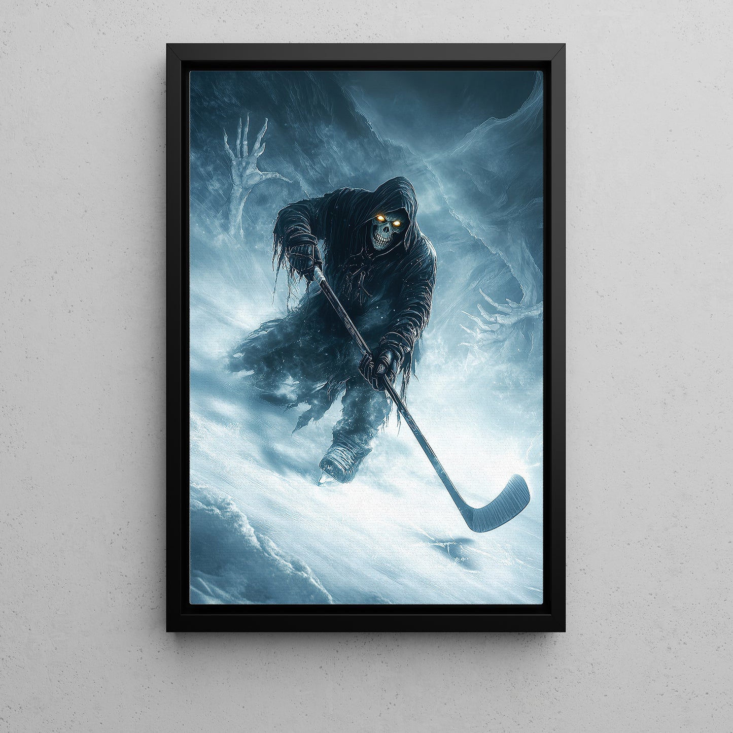 Reaper’s Icy Save, Hockey Canvas Painting, Spooky Season Wall Art Decor, Halloween Poster Gift For Hockey Lovers