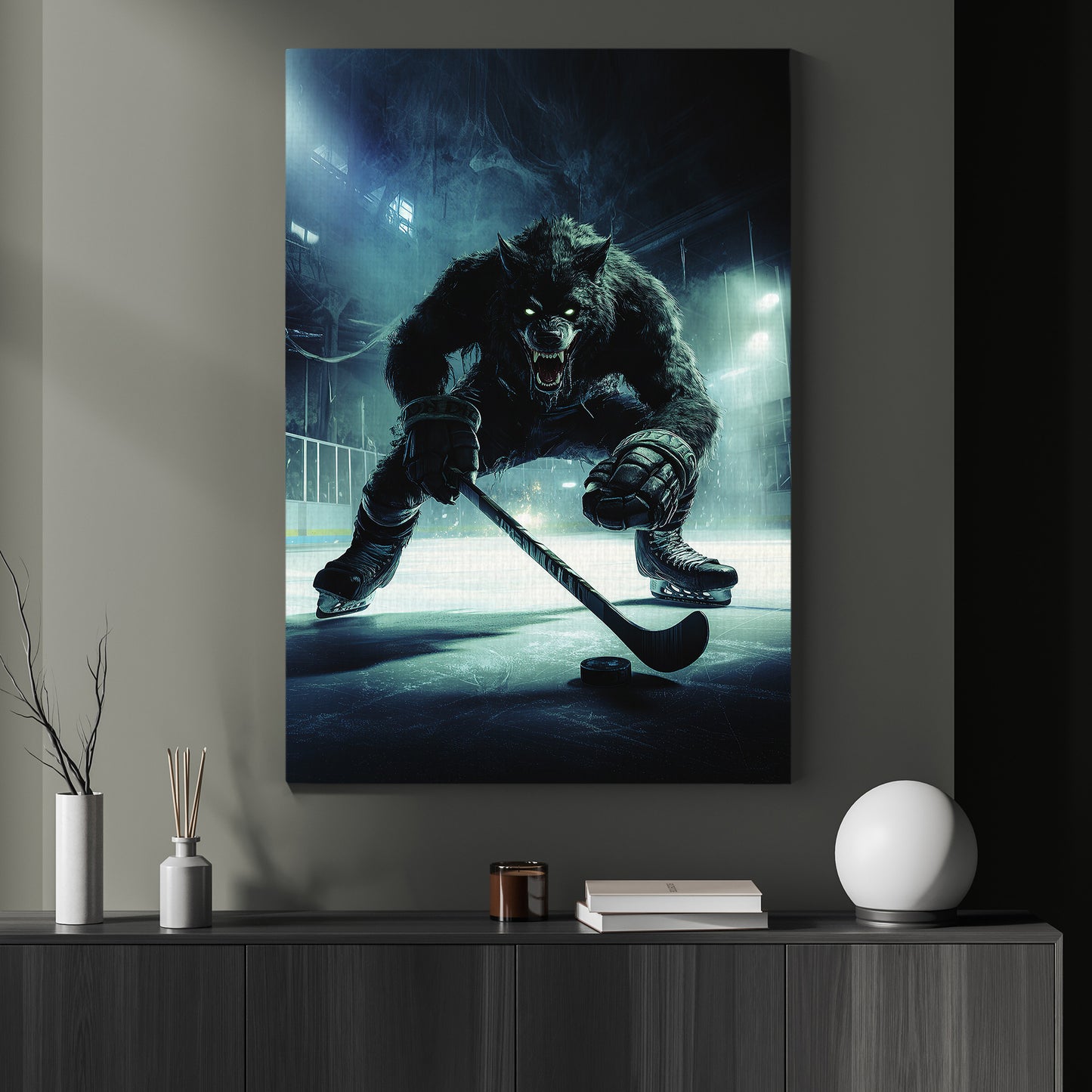 Angry Werewolf Plays Hockey, Hockey Canvas Painting, Halloween Sports Spectacular Wall Art, Halloween Poster Gift For Hockey Lovers