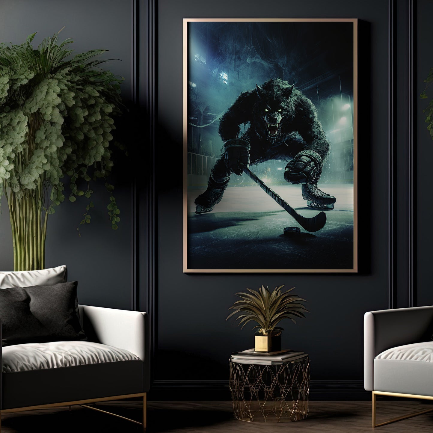 Angry Werewolf Plays Hockey, Hockey Canvas Painting, Halloween Sports Spectacular Wall Art, Halloween Poster Gift For Hockey Lovers