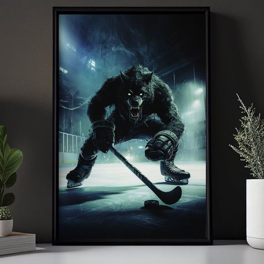 Angry Werewolf Plays Hockey, Hockey Canvas Painting, Halloween Sports Spectacular Wall Art, Halloween Poster Gift For Hockey Lovers