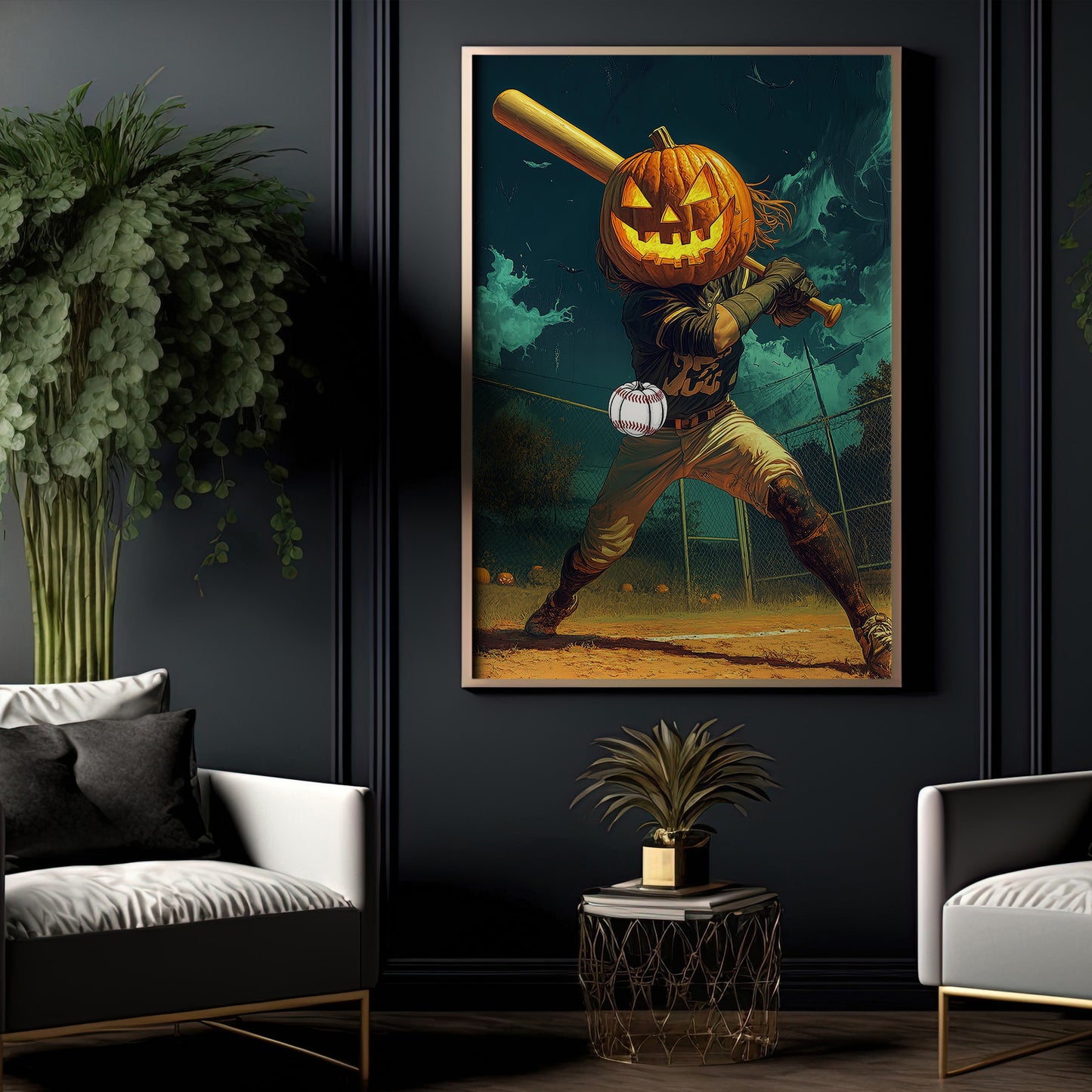 Jack-o'-Lantern Batter Baseball Canvas Painting, Spooky Season Wall Art Decor, Halloween Poster Gift For Baseball Lovers