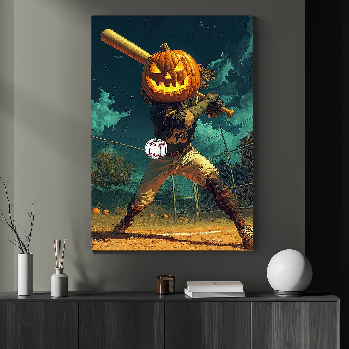 Jack-o'-Lantern Batter Baseball Canvas Painting, Spooky Season Wall Art Decor, Halloween Poster Gift For Baseball Lovers