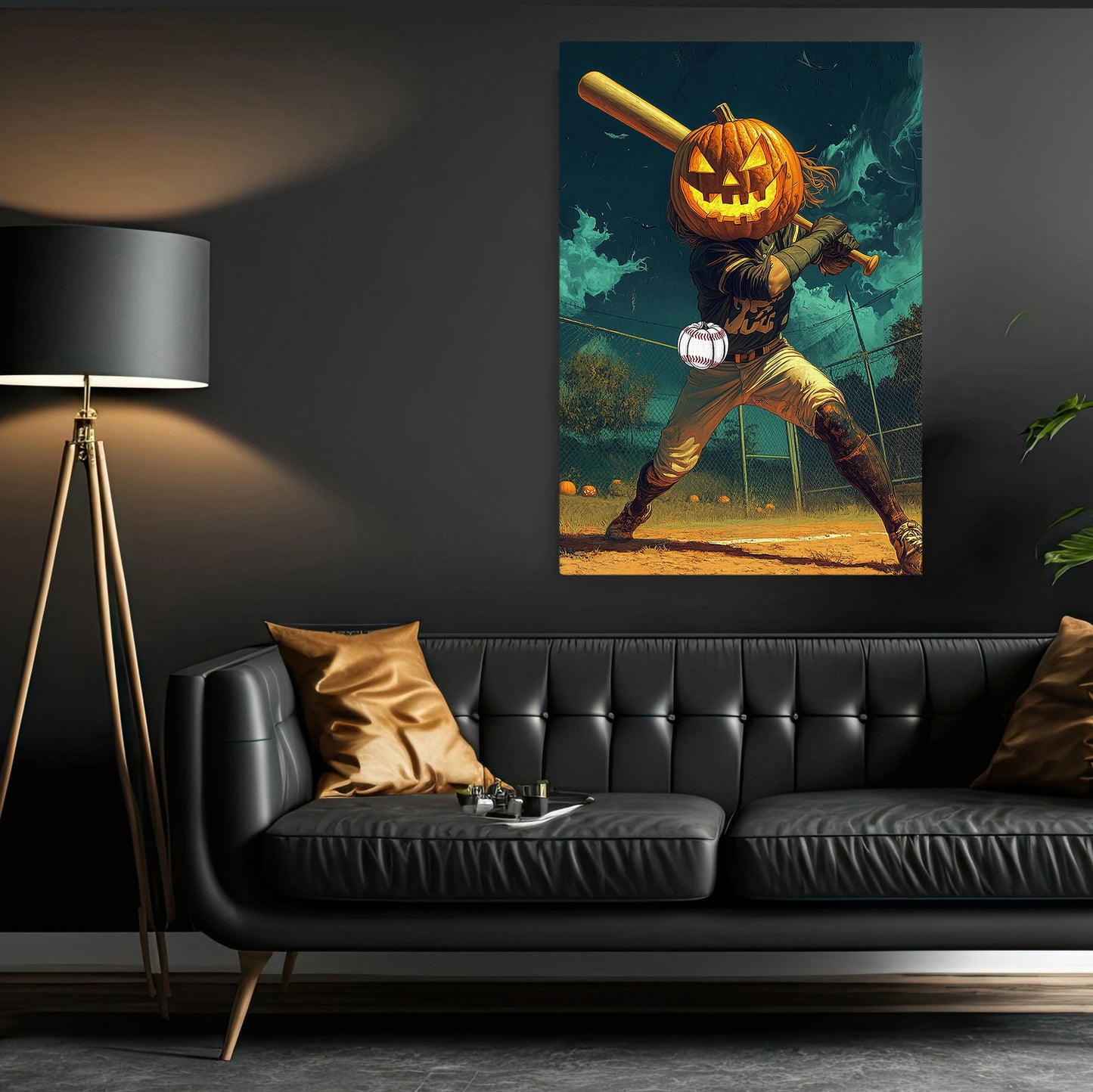 Jack-o'-Lantern Batter Baseball Canvas Painting, Spooky Season Wall Art Decor, Halloween Poster Gift For Baseball Lovers