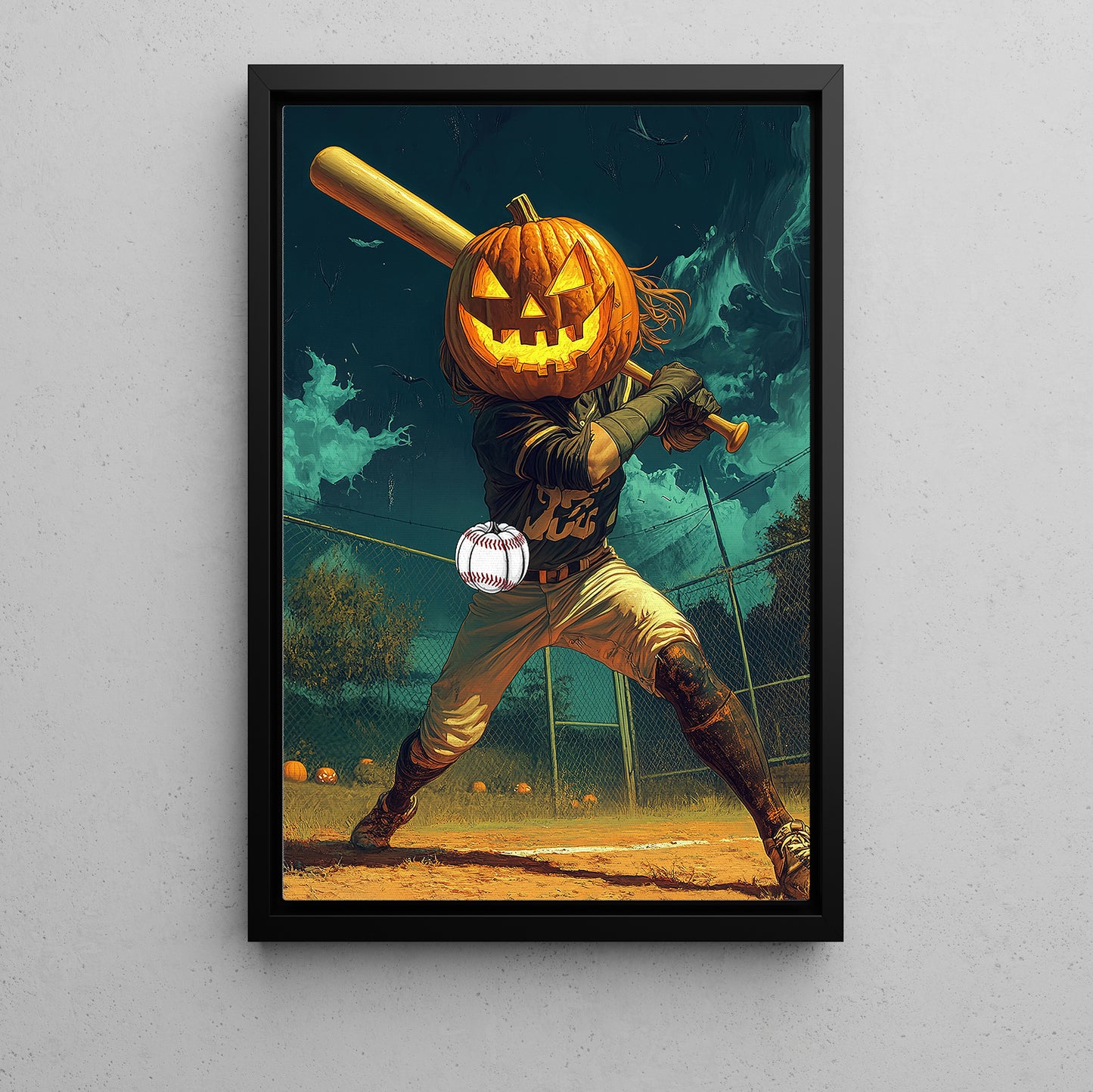 Jack-o'-Lantern Batter Baseball Canvas Painting, Spooky Season Wall Art Decor, Halloween Poster Gift For Baseball Lovers