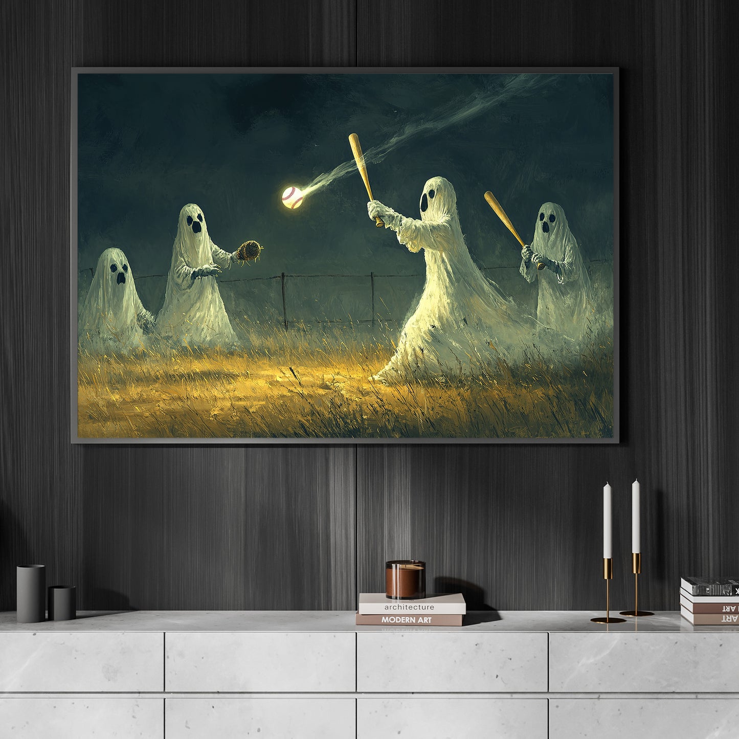 Ghostly Outfield, Baseball Canvas Painting, Spooky Season Wall Art Decor, Halloween Poster Gift For Baseball Lovers